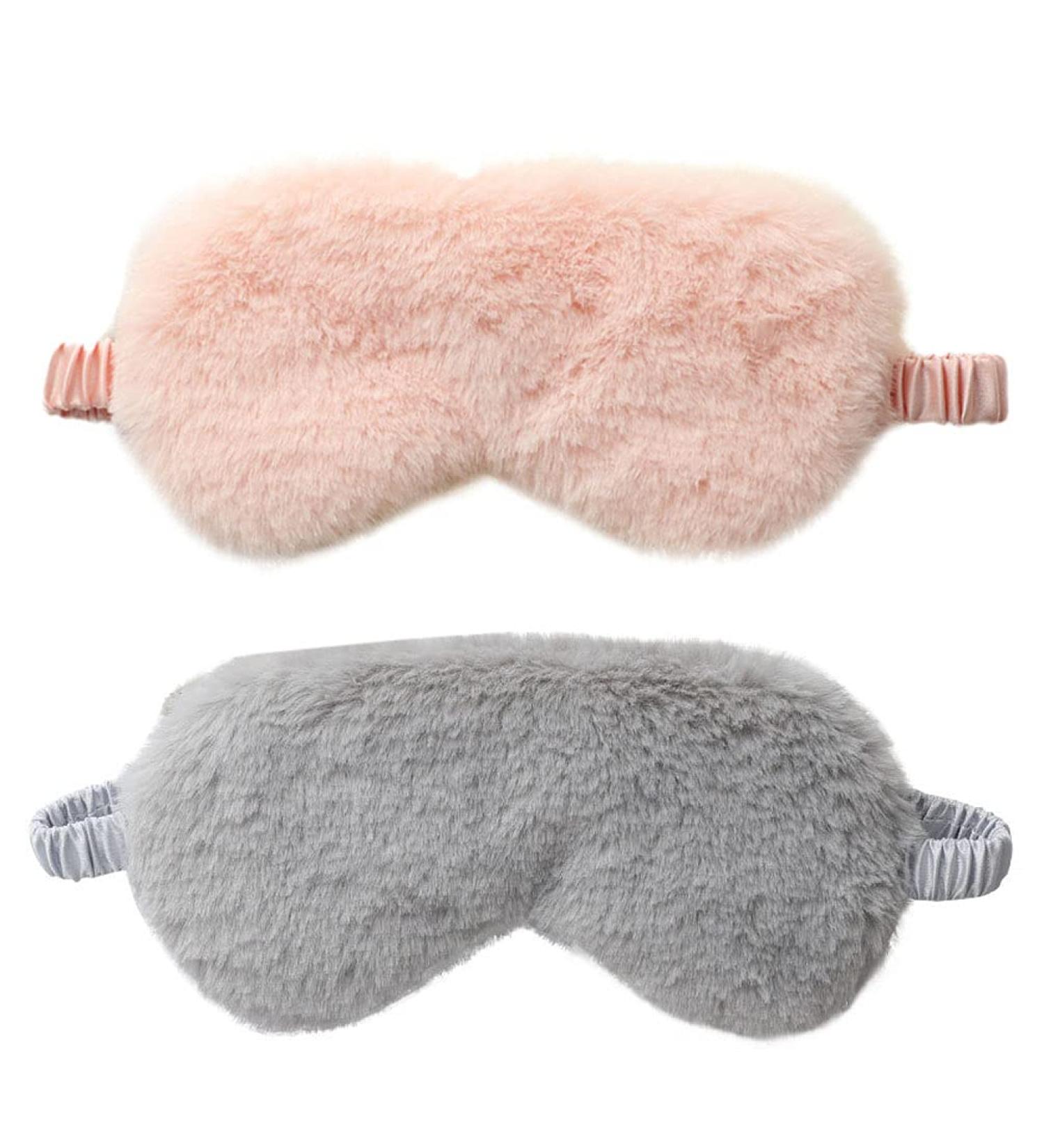 2 Pcs Plush Sleep Mask Set - Light Pink Grey Furry Satin Eye Cover for Travel, Nap, Night Sleep, Meditation - Party Favor - Buy Online on GoSupps.com