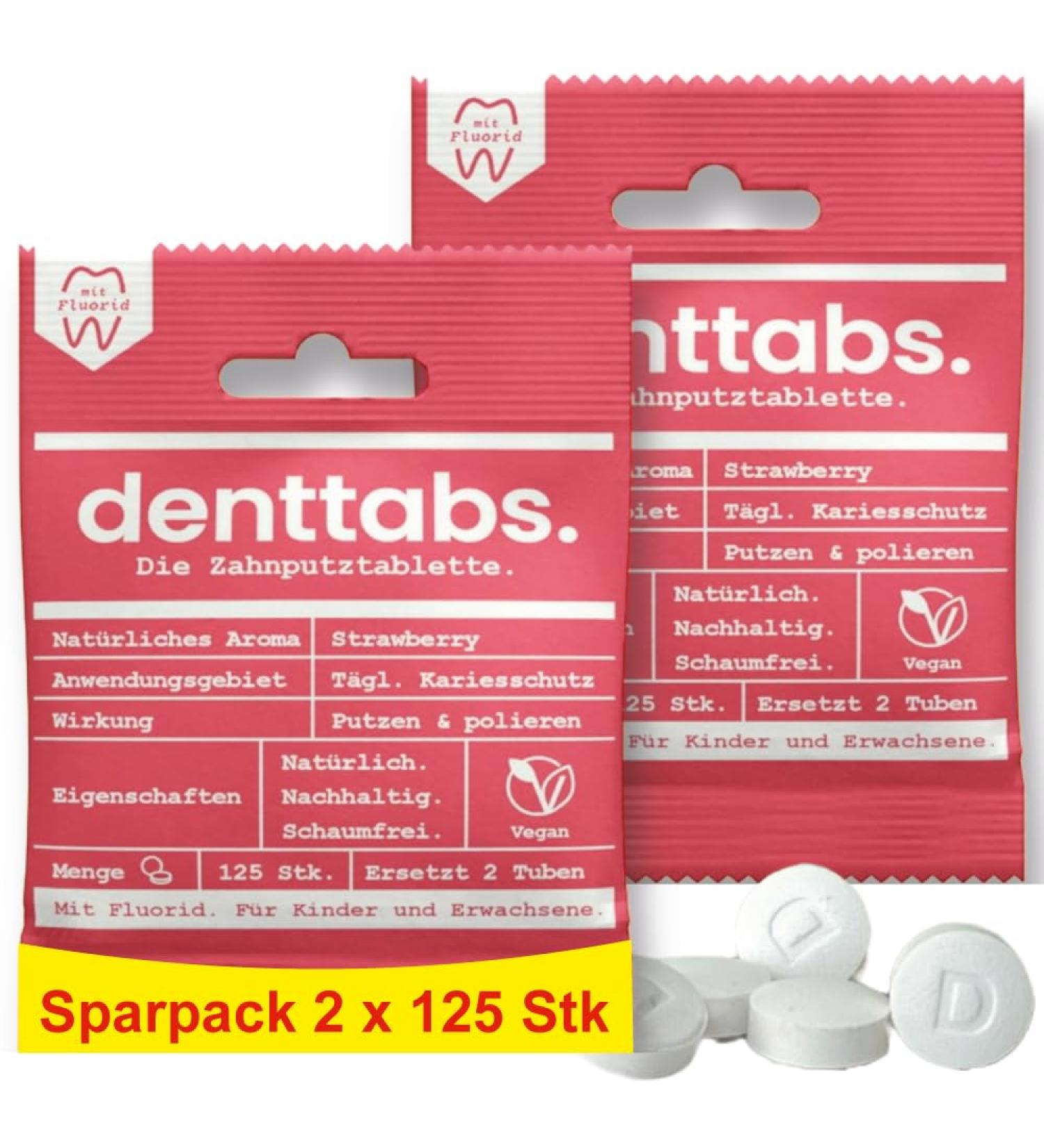 Denttabs 2 x 125 Strawberry Toothbrushing Tablets - Complete Alternative to Toothpaste - With Adapted Fluoride Content - For Children - Plastic Free - Preservative Free - - Buy Online on GoSupps.com