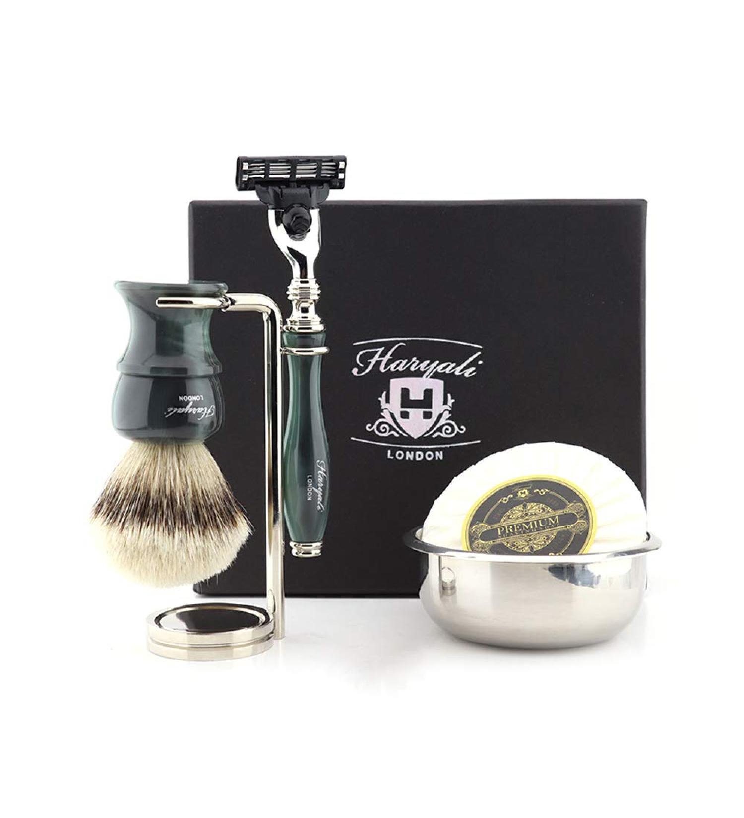Haryali London 5-Part Men's Shaving Set | 3-Edge Safety Razor Silver Tip Badger Hair Brush Soap & Bowl Perfect Grooming Gift for Men - Buy Online on GoSupps.com