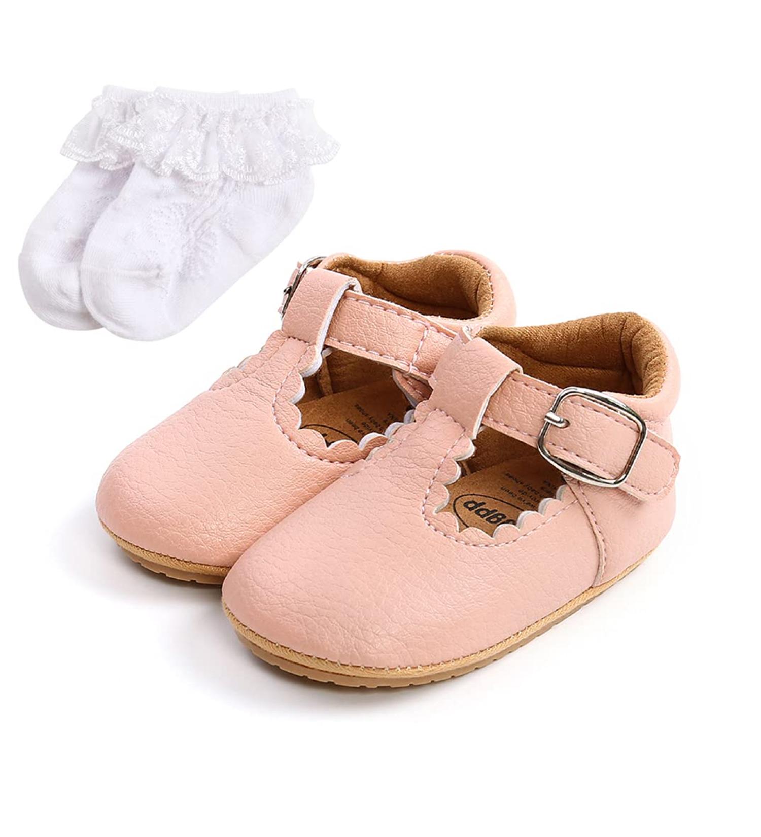 Baby Anti-Slip First Walking Shoes - Soft Sole Toddler Sneakers for 12-18 Months - Wide Pink PU Leather Prewalkers with Sock - Buy Online on GoSupps.com