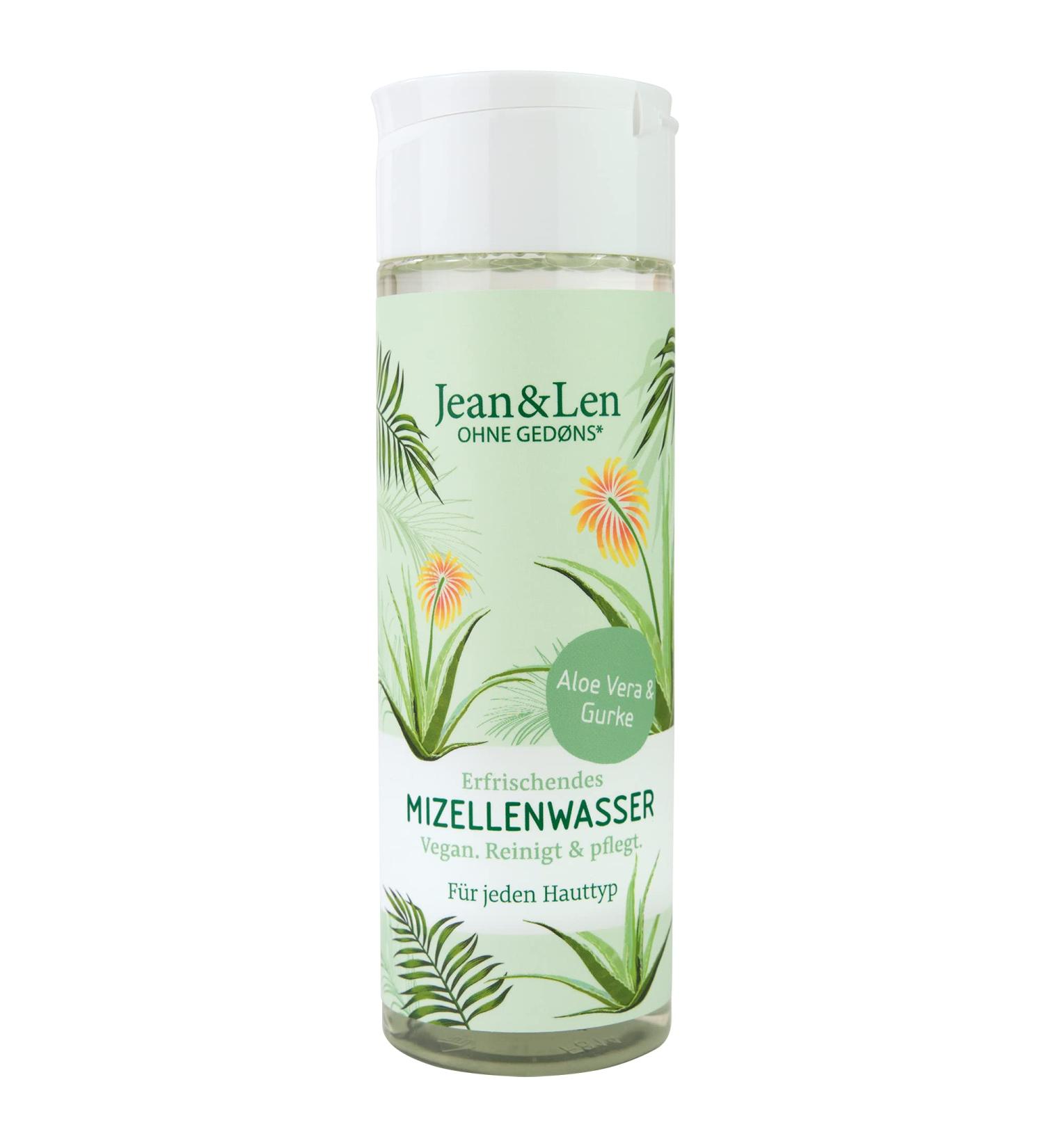 Jean & len refreshing micella water aloe vera & cucumber suitable for every skin type cleans and cares for the skin gently frees the skin from make-up without silicones parabens & alcohol vegan 200 ml