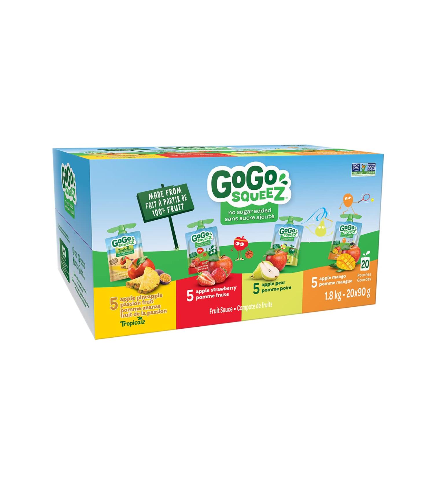 GoGo squeeZ Fruit Sauce Variety Pack Pineapple Passion Fruit Strawberry Pear Mango No Sugar Added. 90g per pouch Pack of 20 - Buy Online on GoSupps.com
