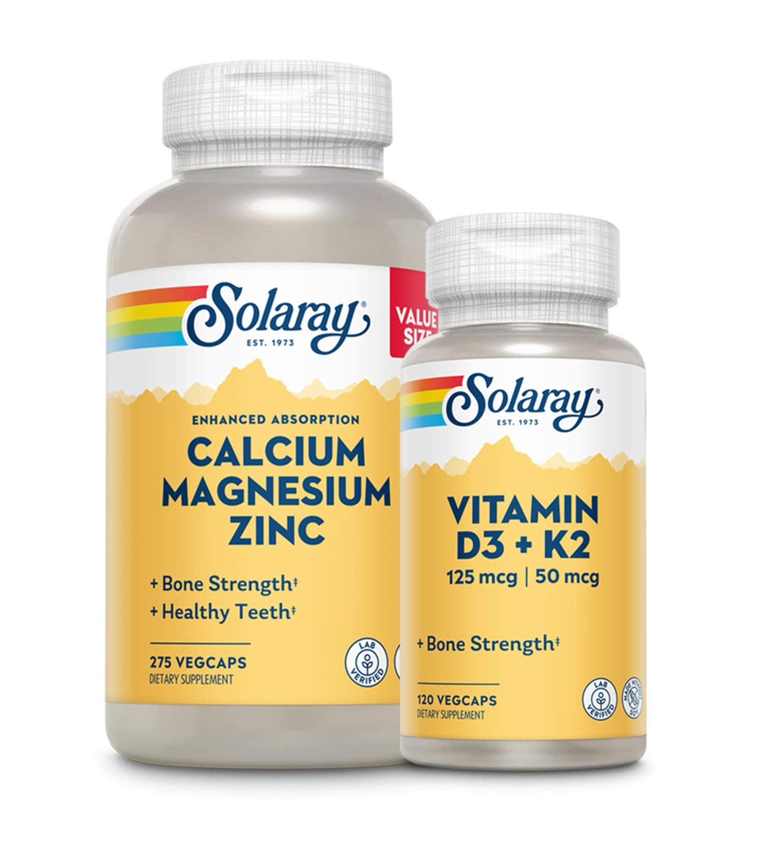 SOLARAY Calcium Magnesium Zinc 275ct + Vitamin D3 K2 120ct Bundle for Bone, Heart & Immune Health - Buy Online on GoSupps.com