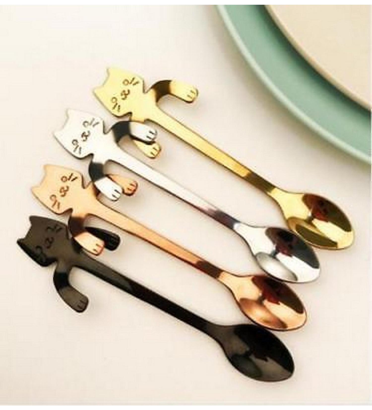 Cute Stainless Steel Cat Coffee Drink Spoon Tableware Kitchen Tool Hanging cups # Black - Buy Online on GoSupps.com