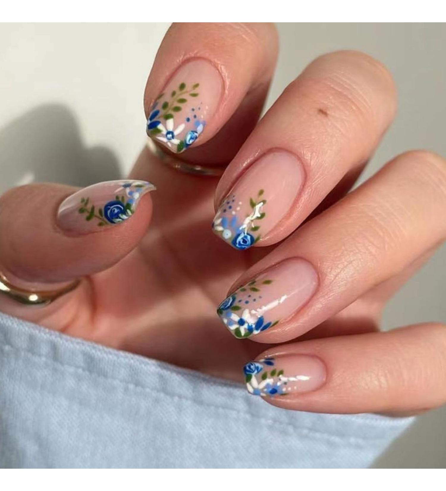 24pcs Short Square French False Nails Black Wavy Colorful Flowers Full Cover Fake Nails Detachable Press On Nail Tips Z211