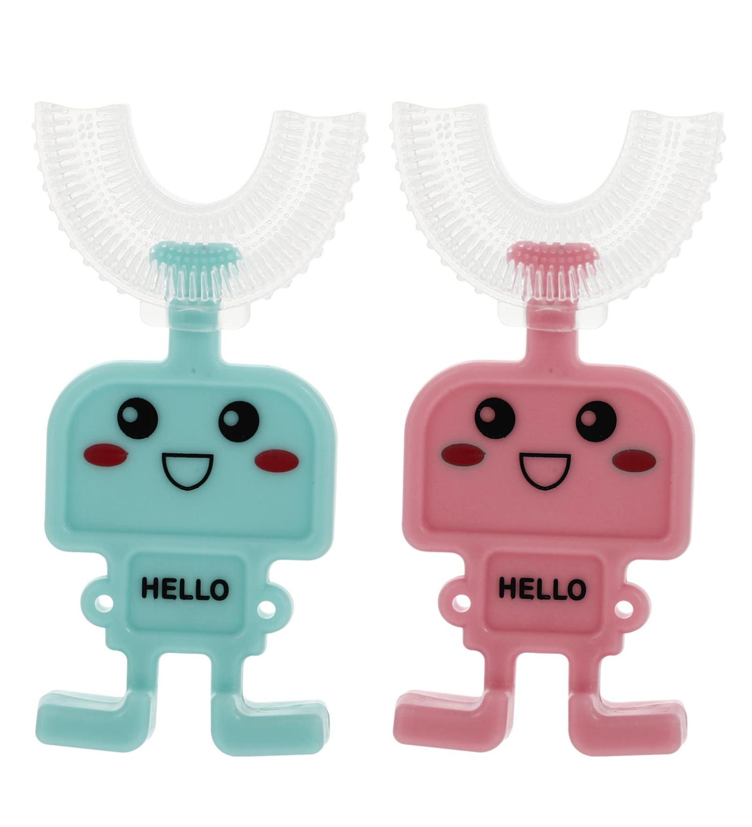 2Pcs U Shape Silicone Toothbrush Cleaner for Babies & Toddlers - Teething Handle, Soft Biting Ring - Assorted Colors - 9.5X5X1.5CM - Buy Online on GoSupps.com