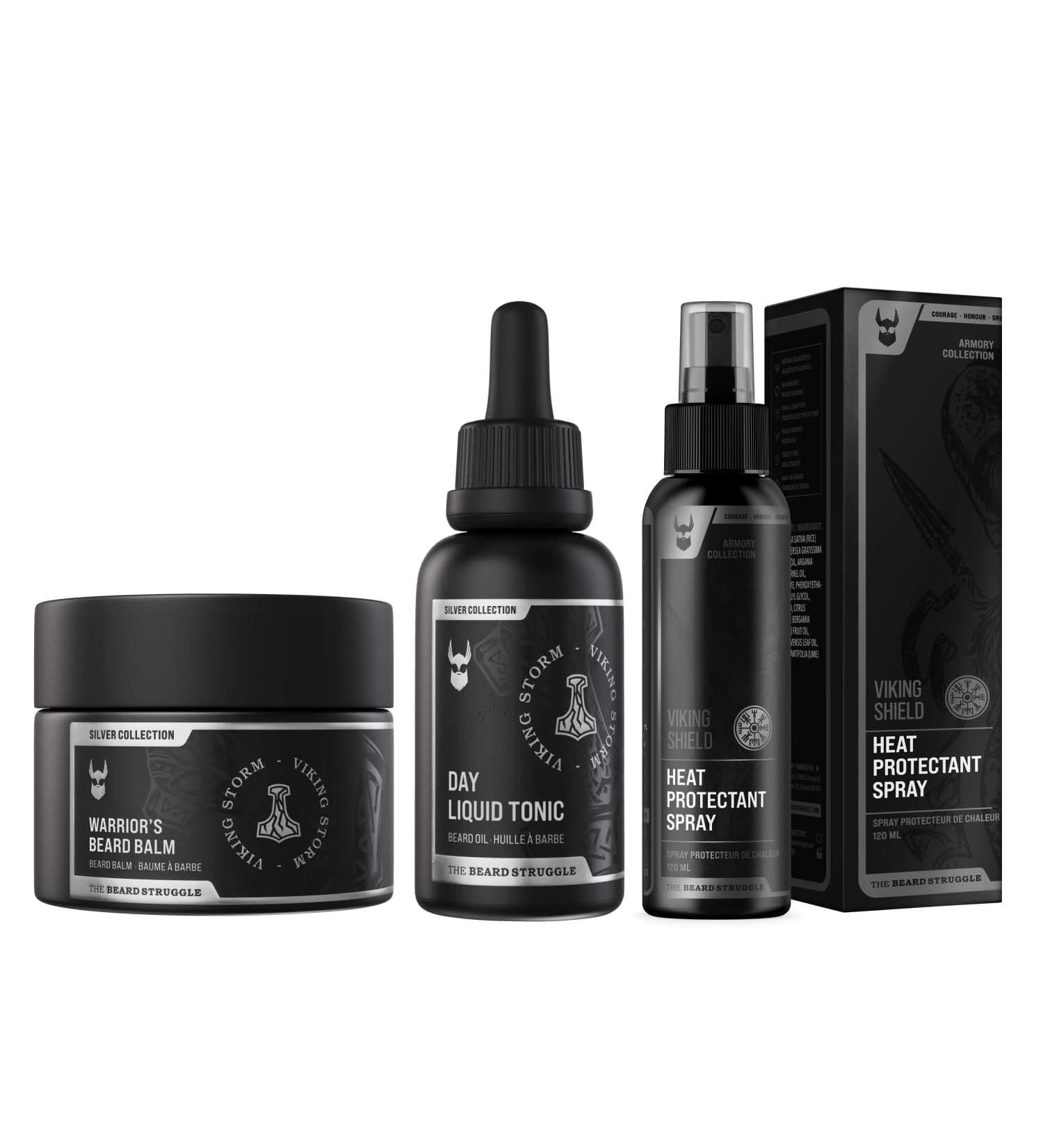 The Beard Struggle Beard & Hair Heat Protectant Spray Warrior s Beard Balm & Day Liquid Tonic Beard Oil Bundle Nourishes & Revitalizes Beard Hair - Silver Collection - Viking Storm