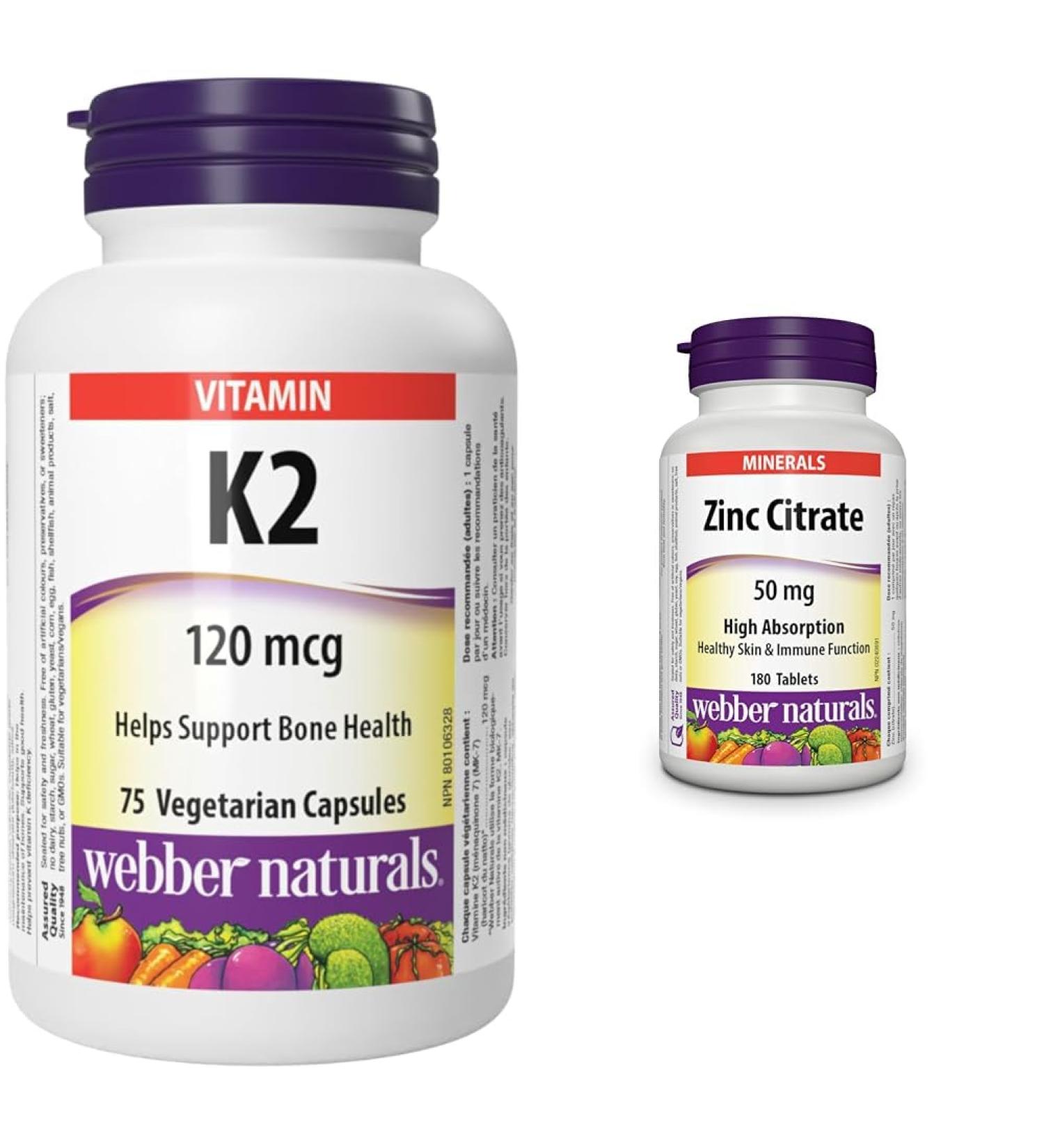 Webber Naturals Vitamin K2 120 mcg 75 Capsules MK-7 Formula Helps Support Bones Vegan & Zinc Citrate 50 mg 180 Tablets For Healthy Skin and Immune Support Vegan Vitamin + SUPPLEMENT 2006695 - Buy Online on GoSupps.com