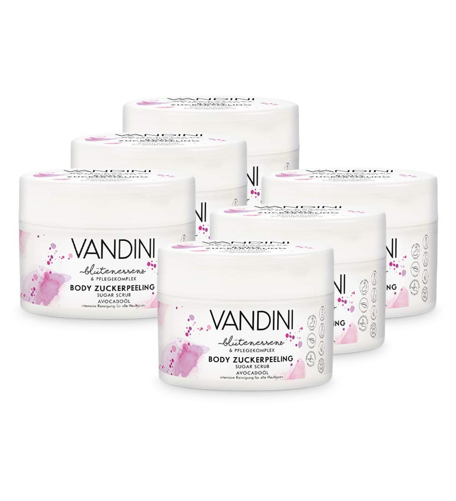 Vandini body sugar peeling - body peeling women with avocado oil for all skin types - vegan body peeling for women without silicones parabens & mineral oil - body peeling in 6 -pack (6x 220 g) 6 pieces