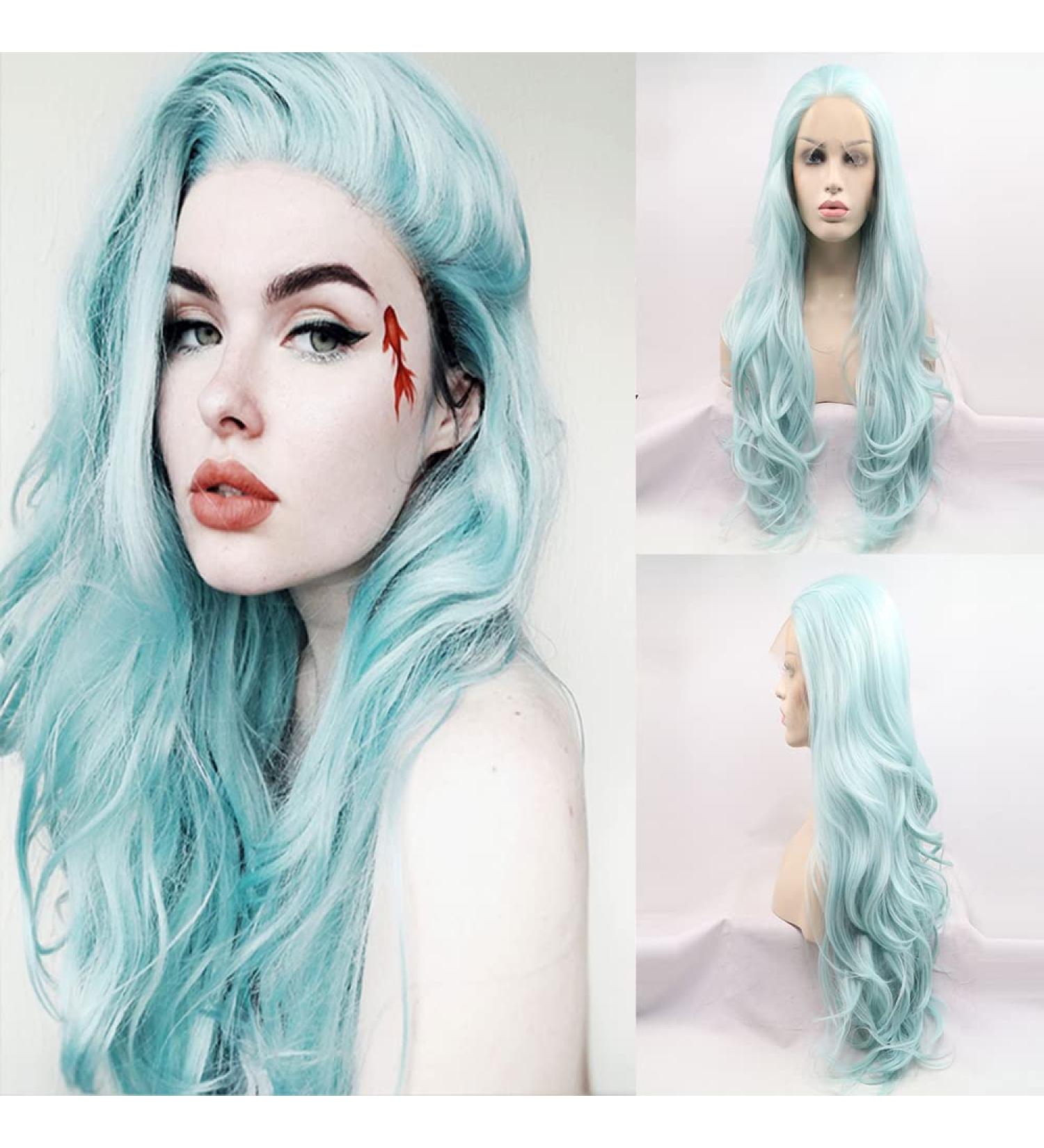 Buy Xiweiya Light Blue Long Wavy Synthetic Lace Front Wig - 24 Inch Mint Green Heat Resistant Fiber for Women | International Shipping Available - Buy Online on GoSupps.com