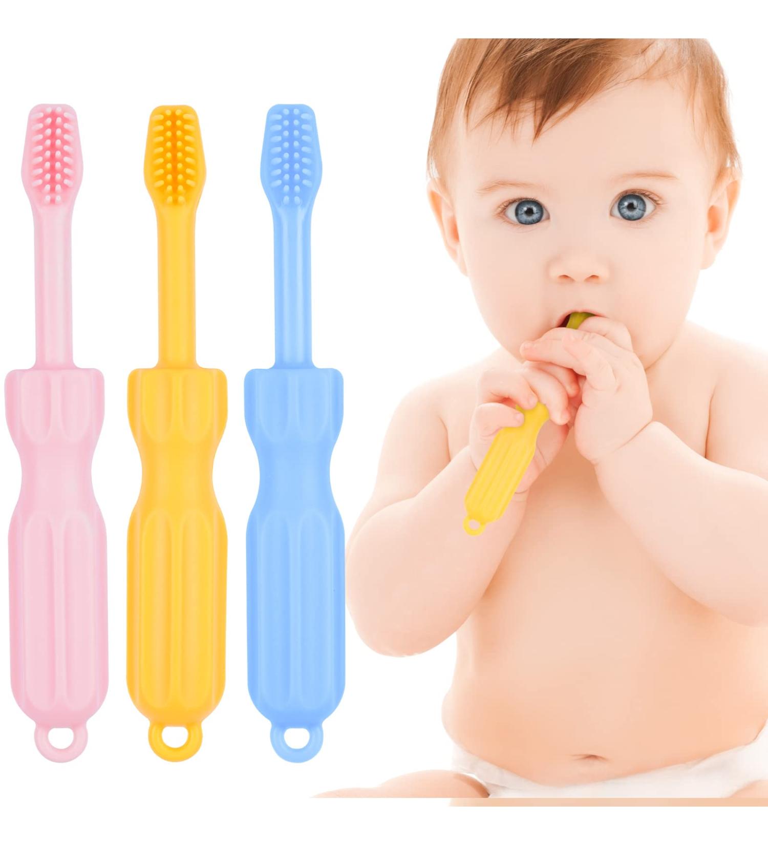 NiBaby Silicone Teething Toys 0-12 Months - Toothbrush Shape Baby Teether Set (3-Pack, BPA Free) - Freezable & Dishwasher Safe - Pink/Yellow/Blue - Buy Online on GoSupps.com