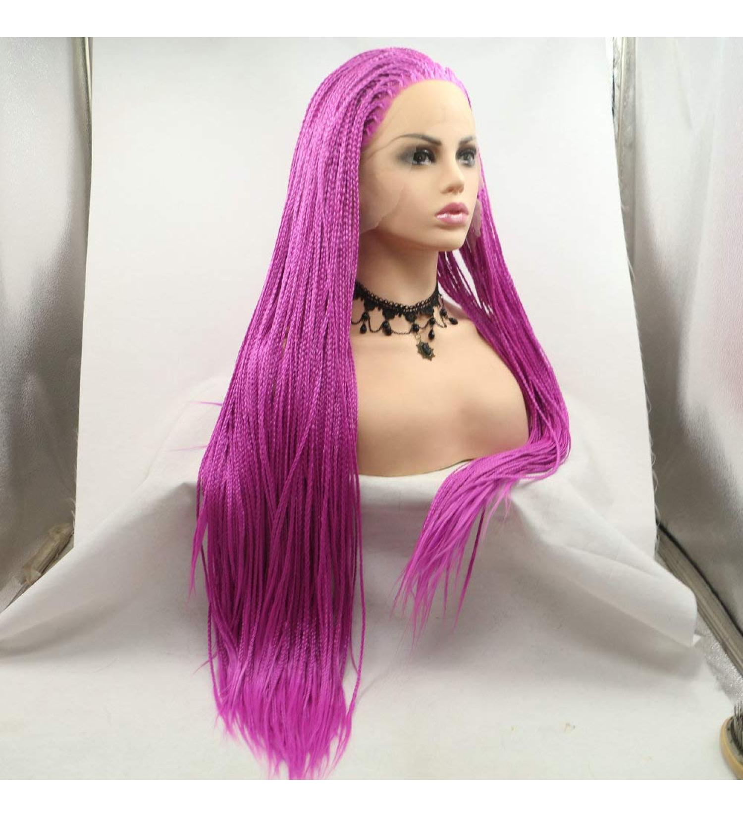 SereneWig 71 cm Handmade Pastel Violet & Red Box Braids Wig - Synthetic Lace Front for Afro-American Styles Perfect Party Look - Buy Online on GoSupps.com