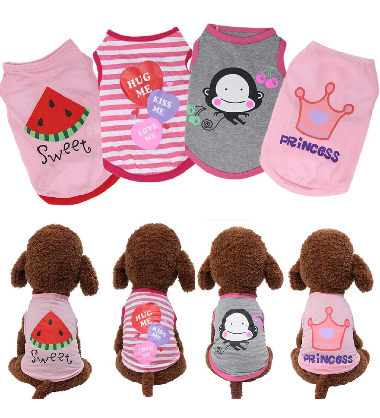 Dog Shirts for Medium Girl Dogs | Pet Clothes for Shih Tzu, Pomeranian, French Bulldog, Dachshund | Cute 4PC Set (Watermelon, Monkey, Princess, Stripe) - Buy Online on GoSupps.com