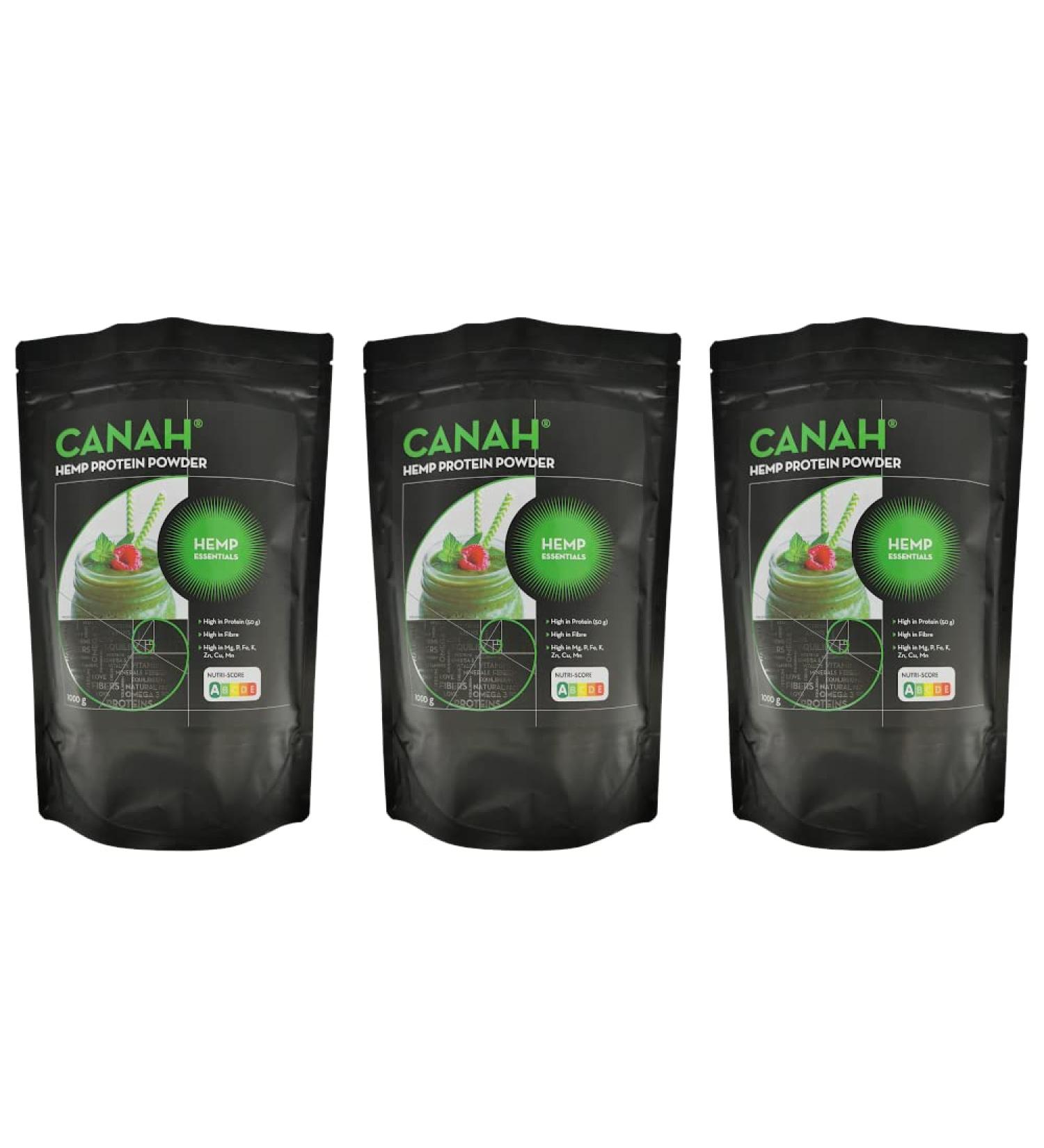 Canah Natural Hemp Protein Powder 3x1kg Vegan High in Protein Fibre Omega 3 & Omega 6 Amino Acids Vitamins and Minerals Certified Kosher + Free Bonus Recipes (Pack of 3) Unflavoured 3000 g Natural - Buy Online on GoSupps.com