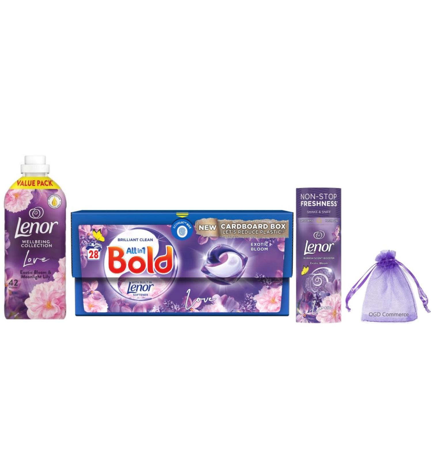 Lenor Fabric Conditioner 42w 1.386L Exotic Bloom & Moonlight Lily + Bold All-in-1 Pods Laundry Washing Capsules 28Pods + Lenor in Wash Scent Booster Beads 176gr Exotic Bloom - Buy Online on GoSupps.com