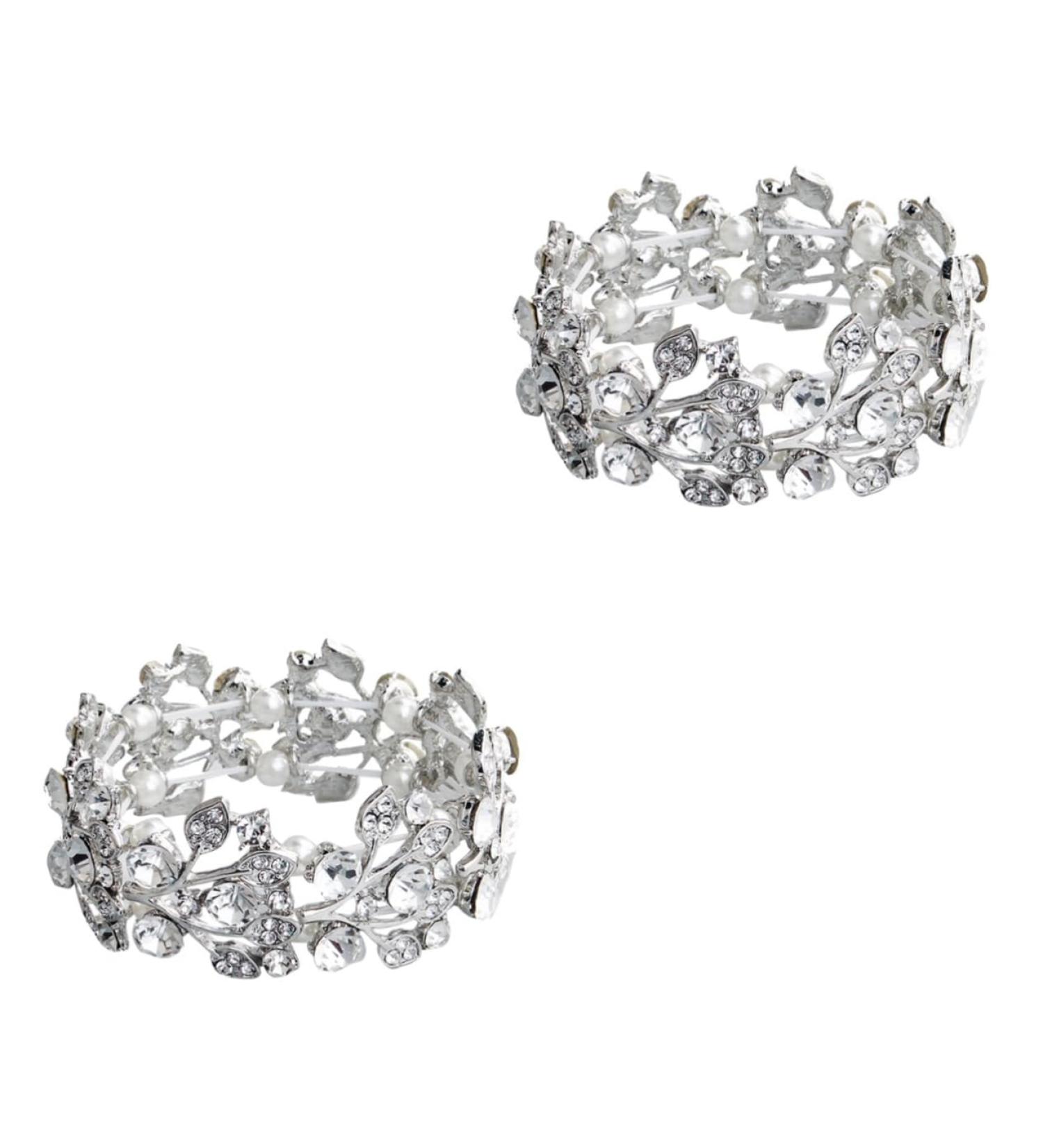 Gleavi Wedding Accessories: Strass & Pearl Bracelets | Diamond & Crystal Bangle for Women | Open Tennis Bracelet - 2pcs Silver - Buy Online on GoSupps.com