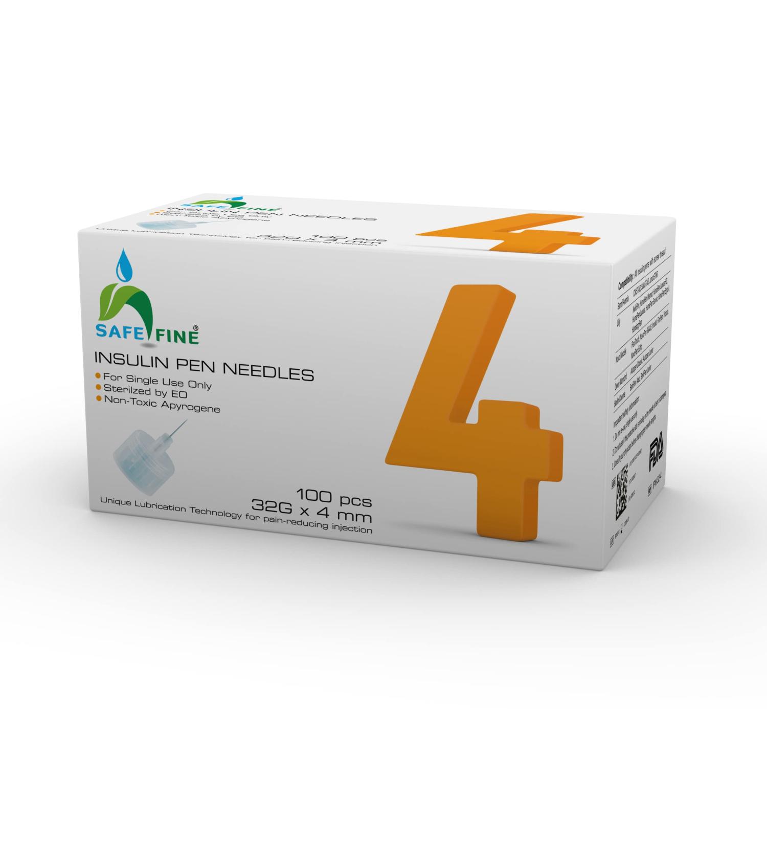 Safe Fine Insulin Pen Needles 4mm 32G - Painless Injection, Thin Wall Technology - 100 Pcs/Box - Buy Online on GoSupps.com