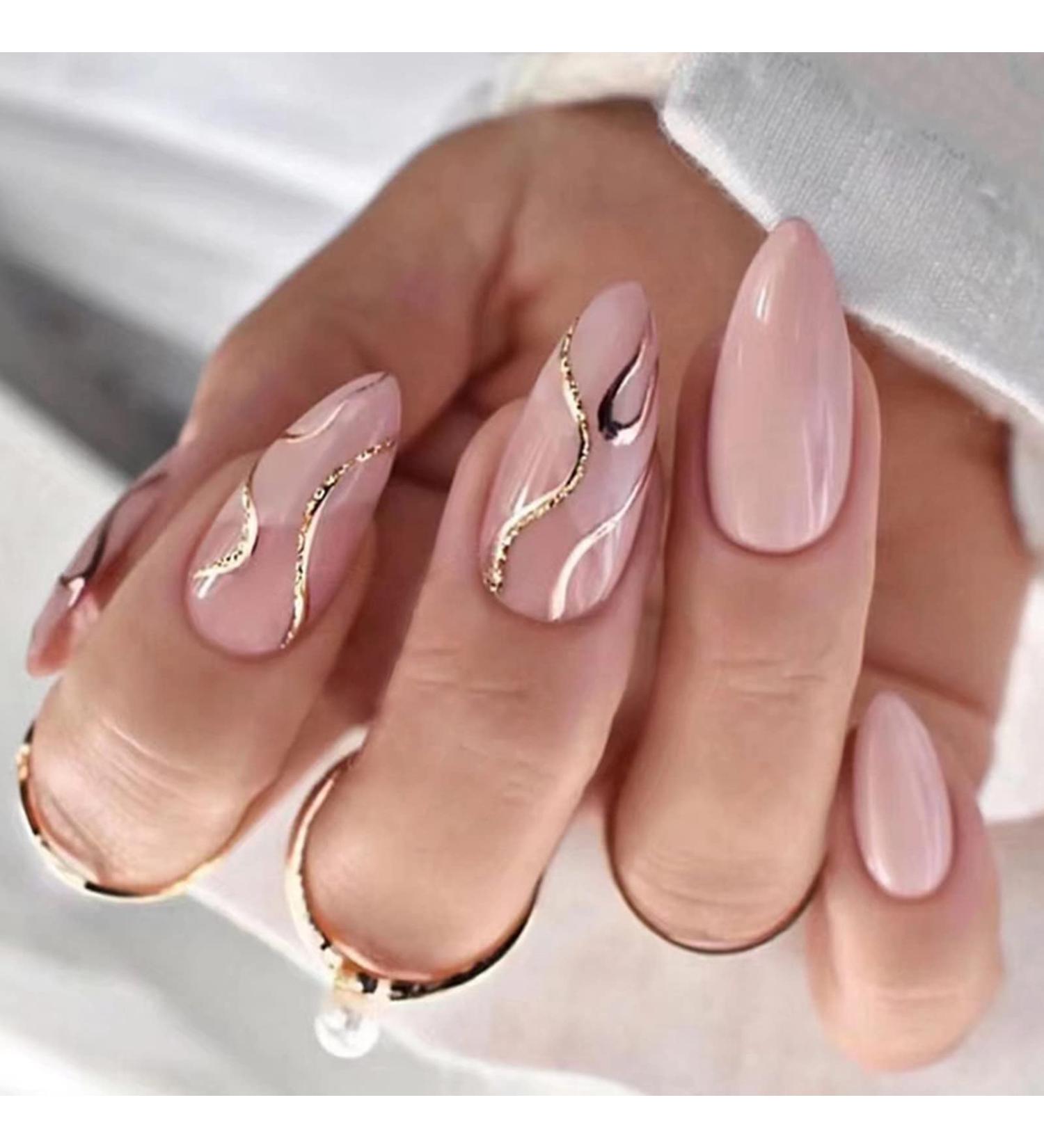 Justotry 24 Pcs Gold Swirl Stiletto Short Pink French Press on Nails with Nail Glue - Pretty Fake Nails for Women - Buy Online on GoSupps.com