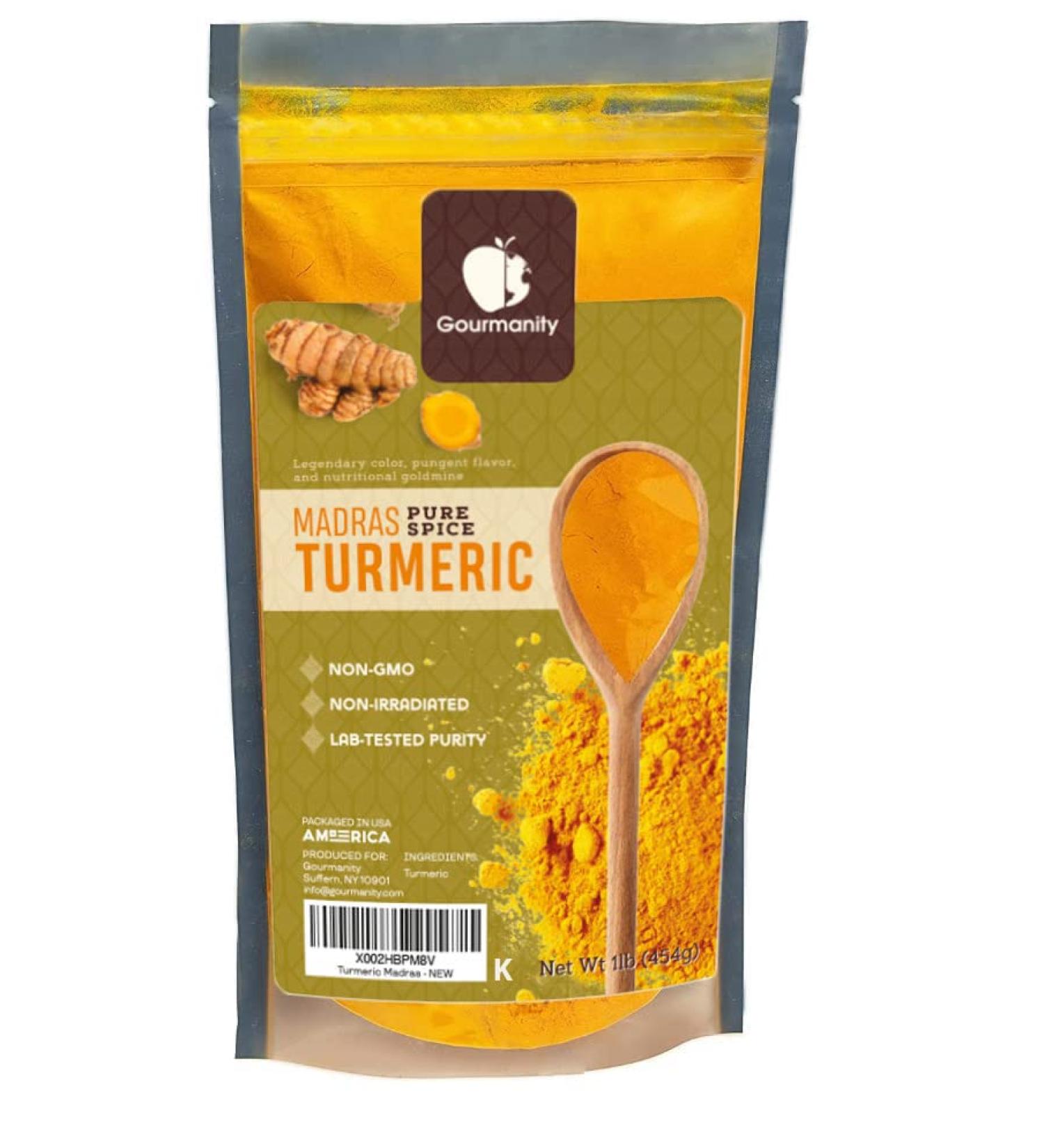 Gourmanity 1lb Madras Turmeric Powder - Pure Ground Turmeric for Cooking | Non-GMO, Non-irradiated, Kosher | Bulk Turmeric Curcumin - Buy Online on GoSupps.com