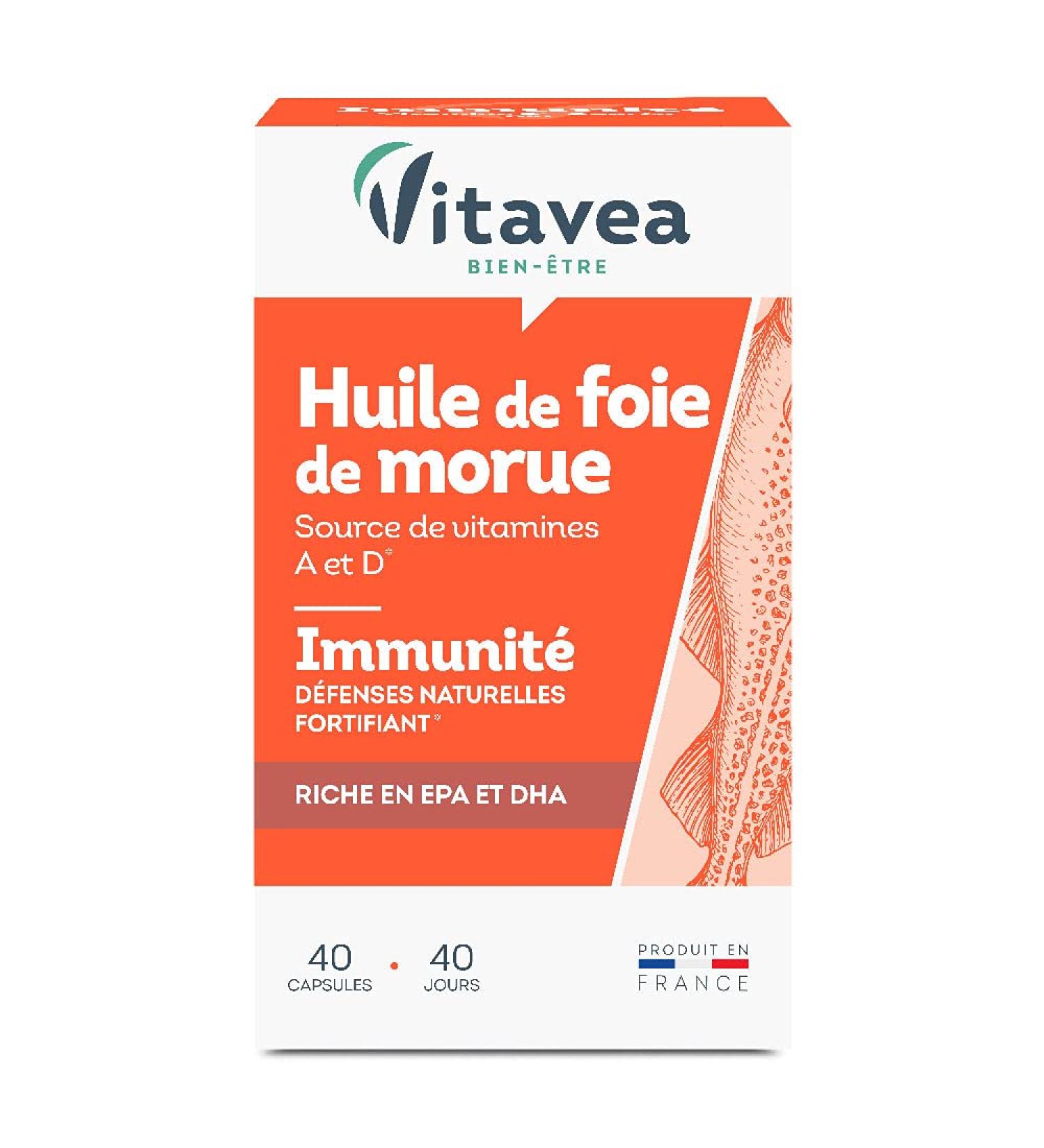 Vitavea - Cod Liver Oil - Immunity Natural Defenses Fortifying - Omega 3 DHA and Vitamins - Vitamin D and A - 40 Capsules - 40 Capsules - 40 Day Cure - Made in France - Buy Online on GoSupps.com