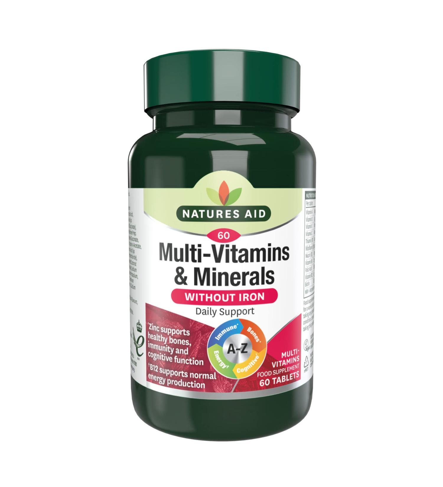 Natures Aid Multi-Vitamins & Minerals 60 Tablets - Vegan One-a-Day Formula for Immune Energy Brain & Bone Health - 60 Count Pack - Made in the UK - Buy Online on GoSupps.com