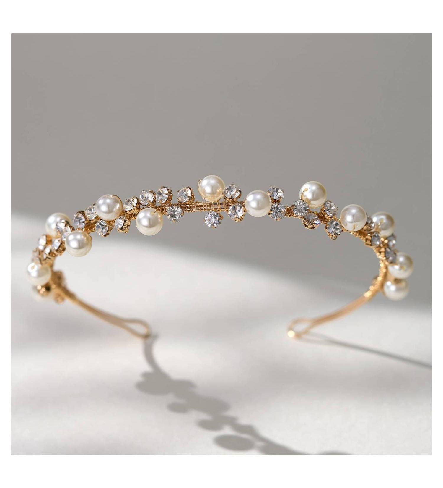 SWEETV Gold Pearl Tiara Headband for Women - Crystal Bridal Wedding Hair Accessory - Buy Online on GoSupps.com