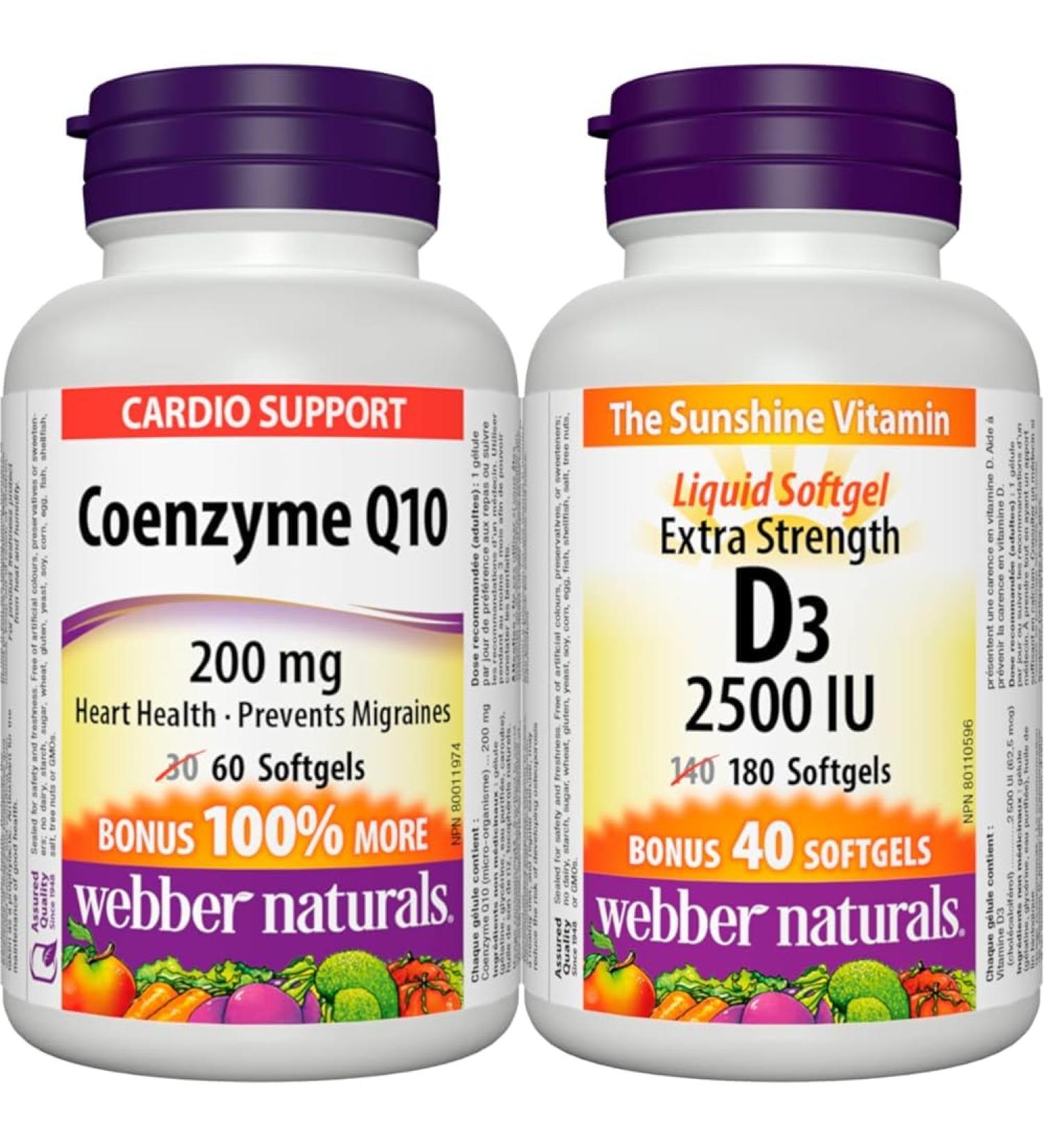 Webber Naturals Coenzyme Q10 (CoQ10) 200mg + Vitamin D3 2500 IU Extra Strength Bundle - Buy Online on GoSupps.com