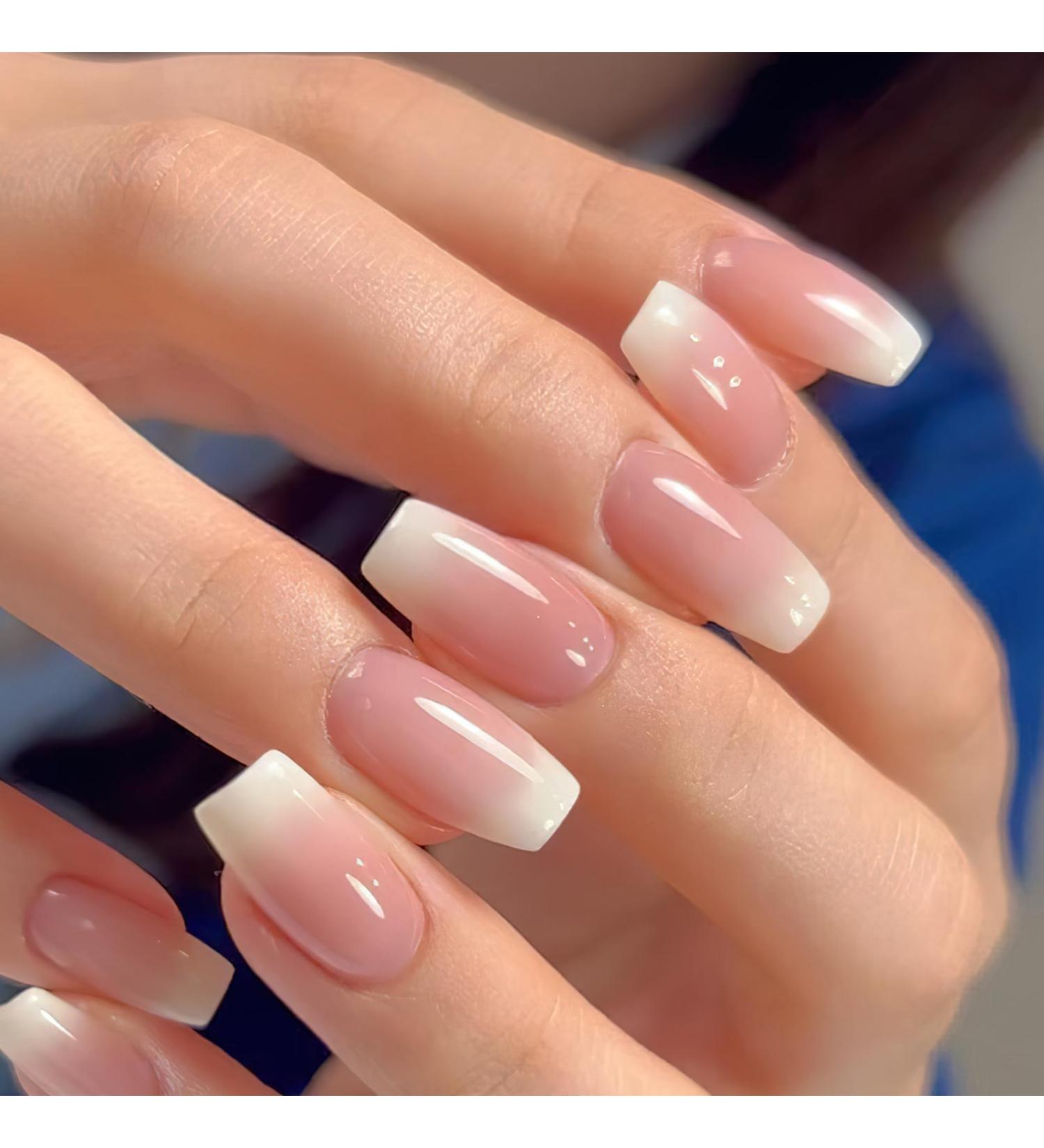 Buy Medium Length Nude French Tip Press On Nails | Glossy Pink White Gradient | Reusable Acrylic False Nails for Women | 24pcs Manicure Set - Buy Online on GoSupps.com