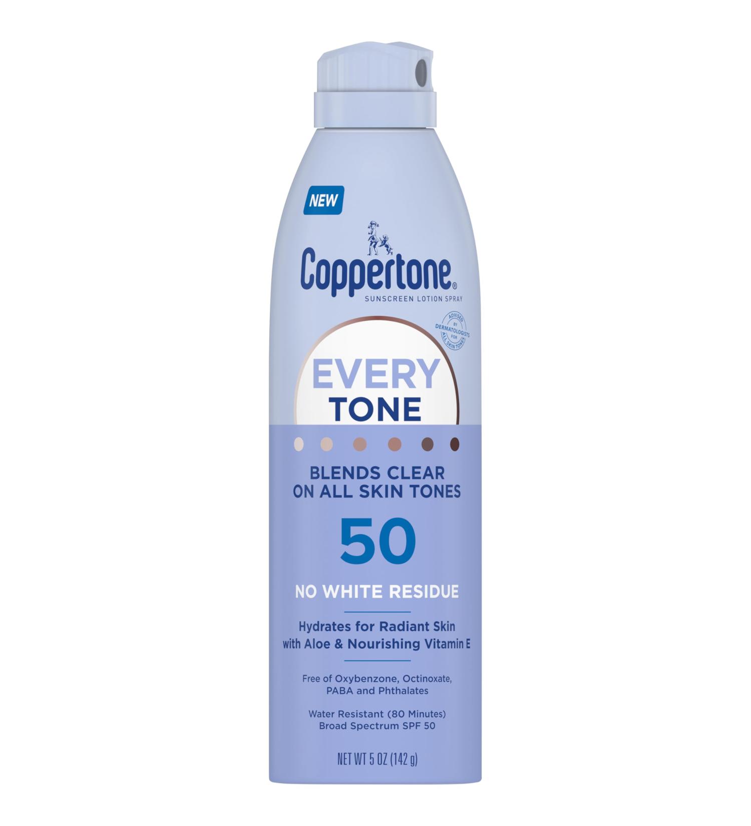 Coppertone Every Tone Sunscreen Spray SPF 50 - Lightweight Clear Formula for All Skin Tones with Vitamin E - 5 Oz - Buy Online on GoSupps.com