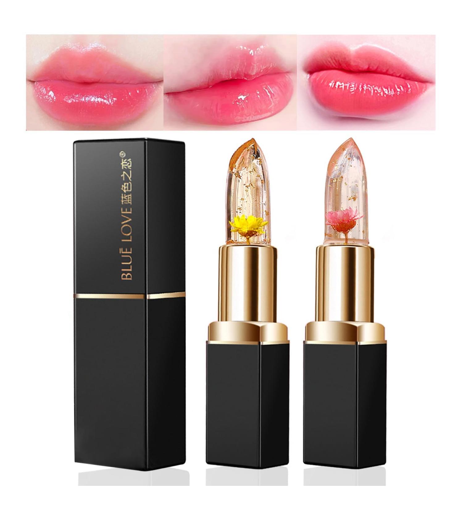 BLUE LOVE 2PCS Color Changing Flower Lipstick Moisturizing Jelly Lip Balm with Flower Long Lasting Nourishment & Customizable Shade Pink and Gold 2PC Pink and Gold 2PC - Buy Online on GoSupps.com