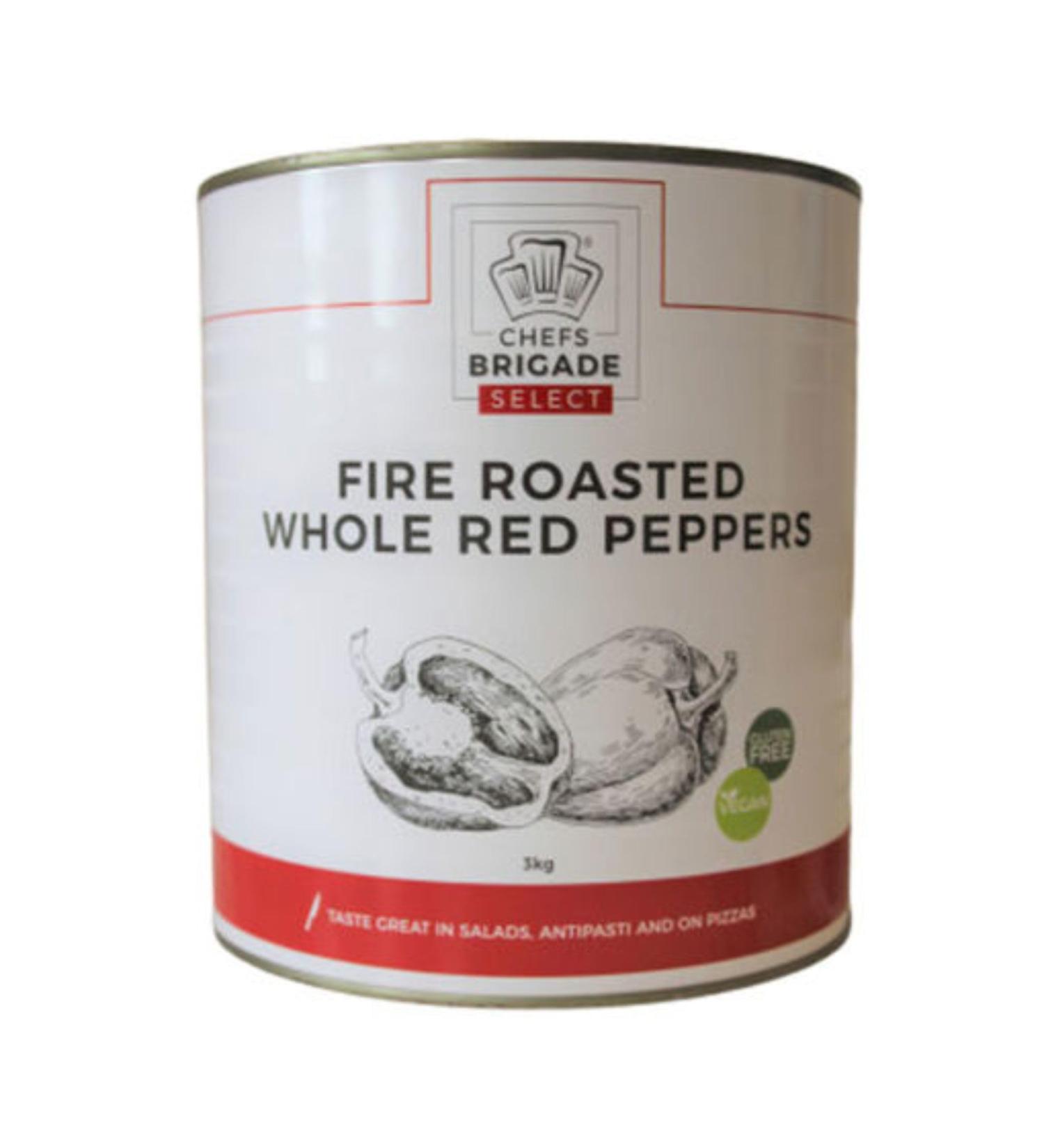 Chef's Brigade Fire Roasted Red Peppers 3kg. Ideal for adding to sauce's and dishes for delicious flavouring.Red Peppers in Brine. - Buy Online on GoSupps.com