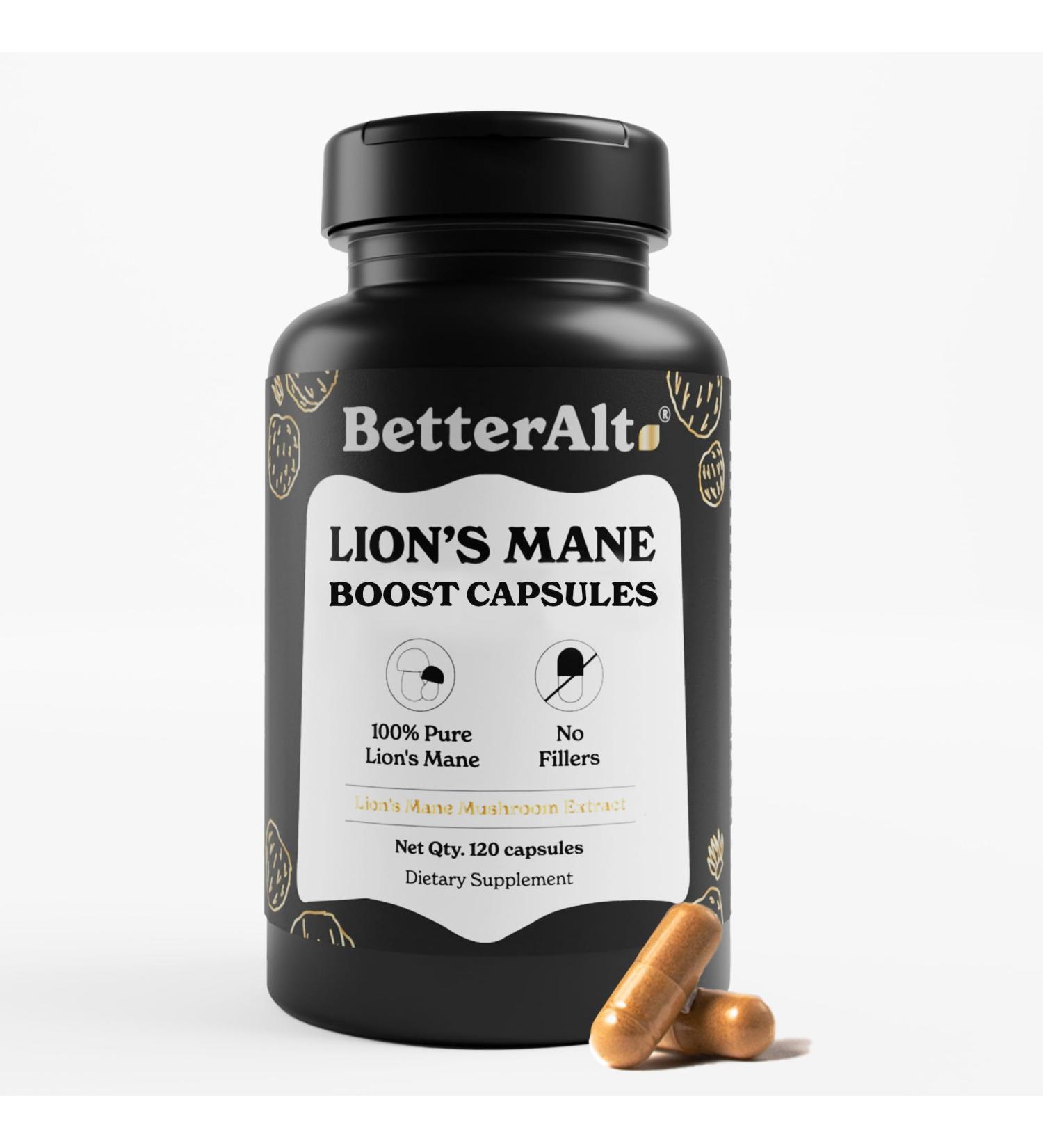 Better Alt Lion s Mane Mushroom Capsules 1000 mg High-Potency 15:1 Extract | 100% Fruiting Body | Standardized to 30% Polysaccharides| Pure Nootropic Mushroom Supplement with No Fillers|120 Capsules - Buy Online on GoSupps.com