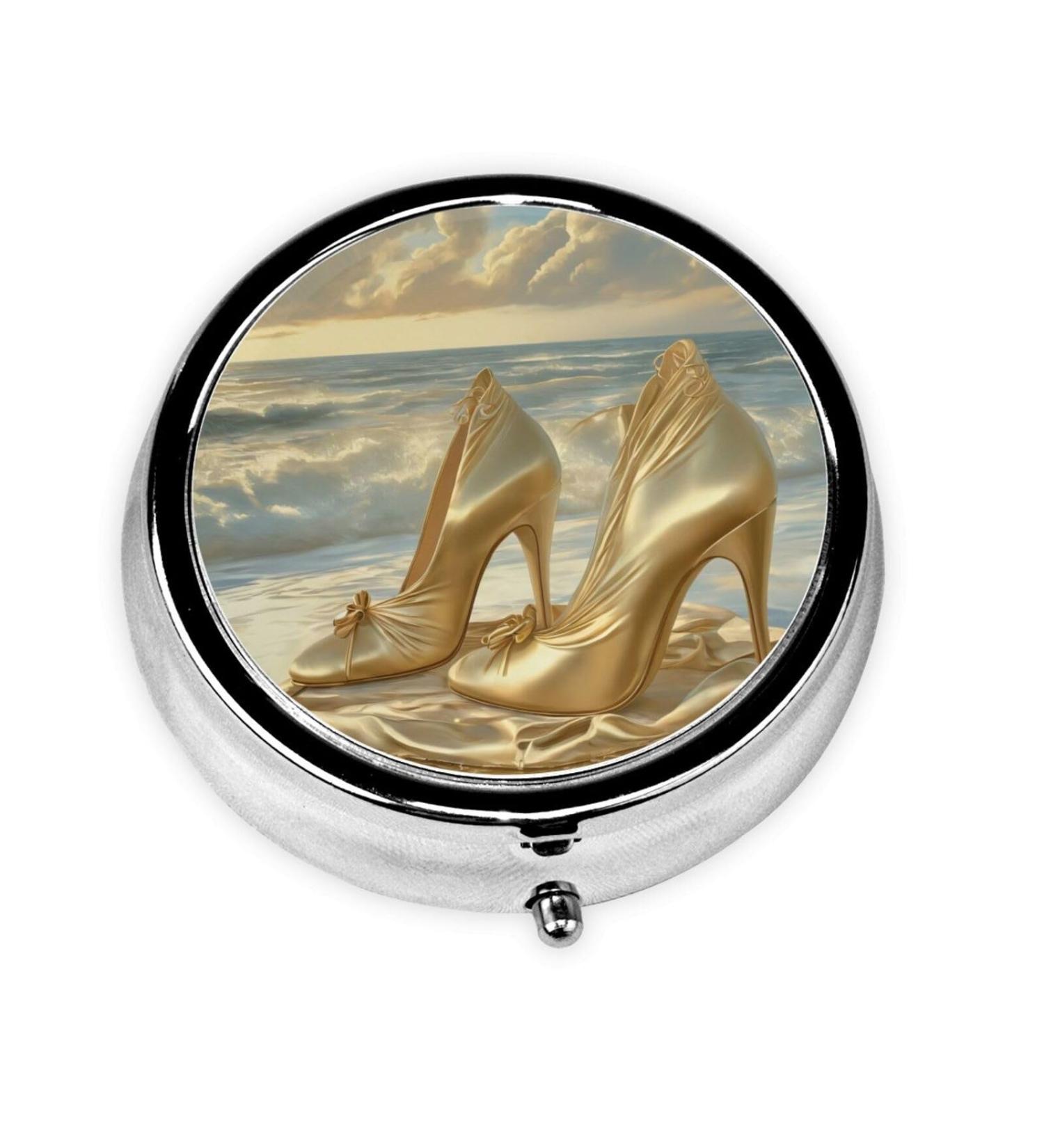Golden High Heels Portable Metal Pill Box | Round Mini 3-Compartment | Travel-Friendly Design for Small Pills | Black - Buy Online on GoSupps.com