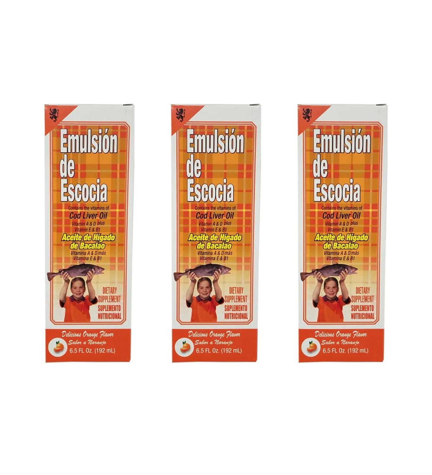 Emulsion de Escocia. Cod Liver Oil Dietary Supplement. Rich in Vitamins A D E and B1. Orange Flavored. 6.5 Fl.Oz / 192 mL. Pack of 3 - Buy Online on GoSupps.com