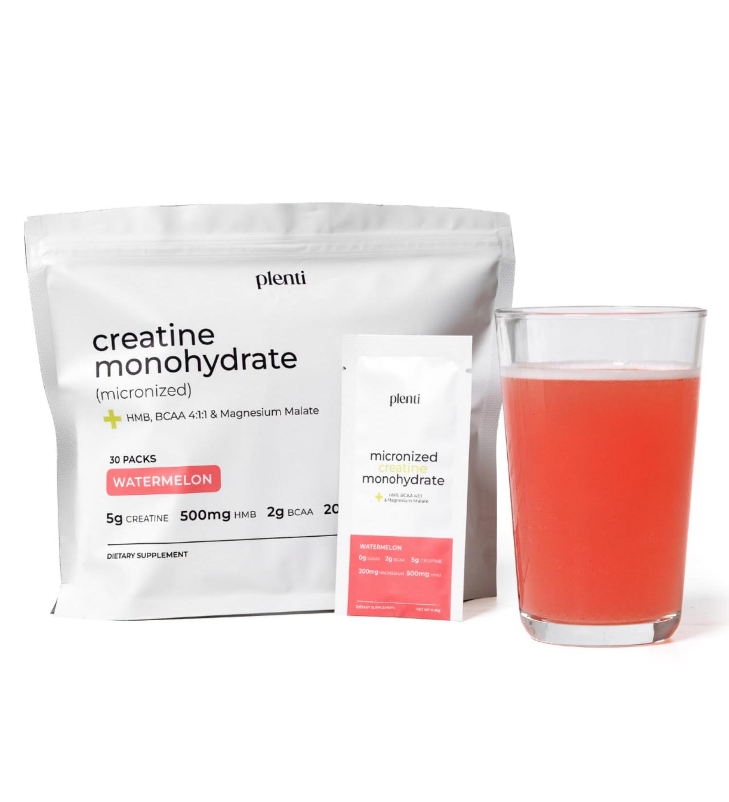 plenti Watermelon Creatine Monohydrate Powder 30 Individual Sachets 5g per Serving Sugar Free - Buy Online on GoSupps.com