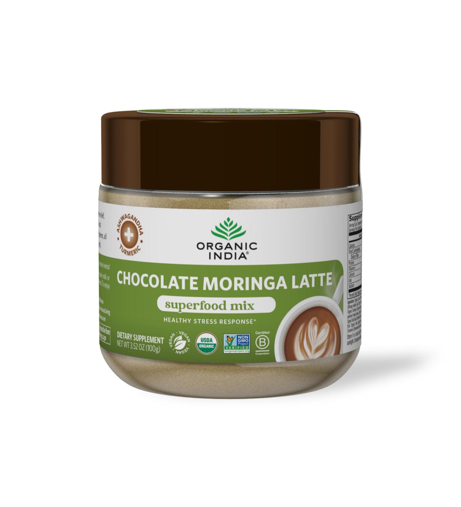 Organic India Chocolate Moringa Latte Powder - Superfood Mix Moringa Leaf Tea With Ashwagandha and Turmeric Dietary Supplement Stress Support Rich Cocoa Caffeine Free - 3.52 Oz - Buy Online on GoSupps.com