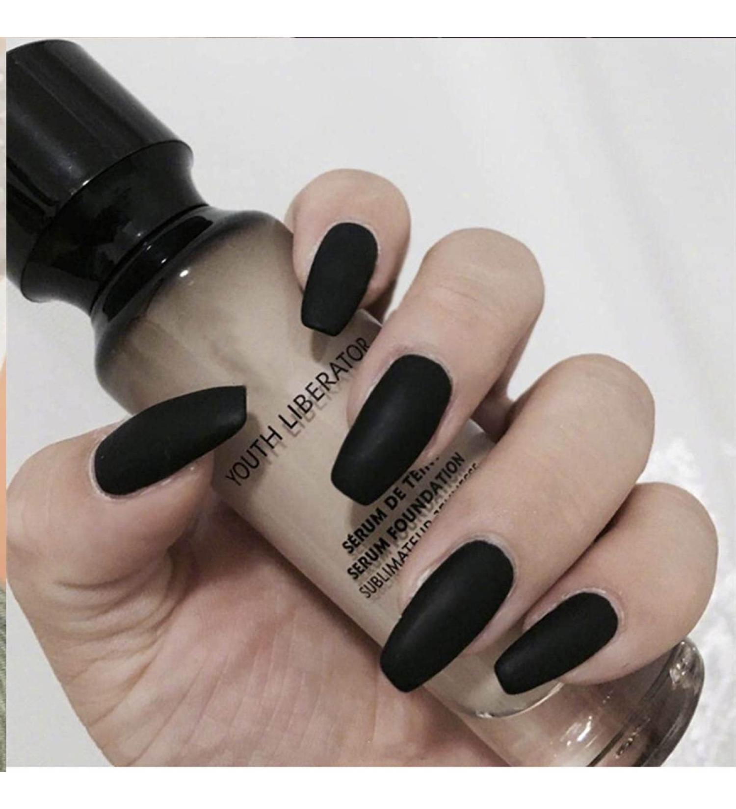 Bufenia Matt Ballerina Acrylic Fingernails - Black Coffin Press-On Nails for Women & Girls | 24 Pieces Medium Length - Buy Online on GoSupps.com