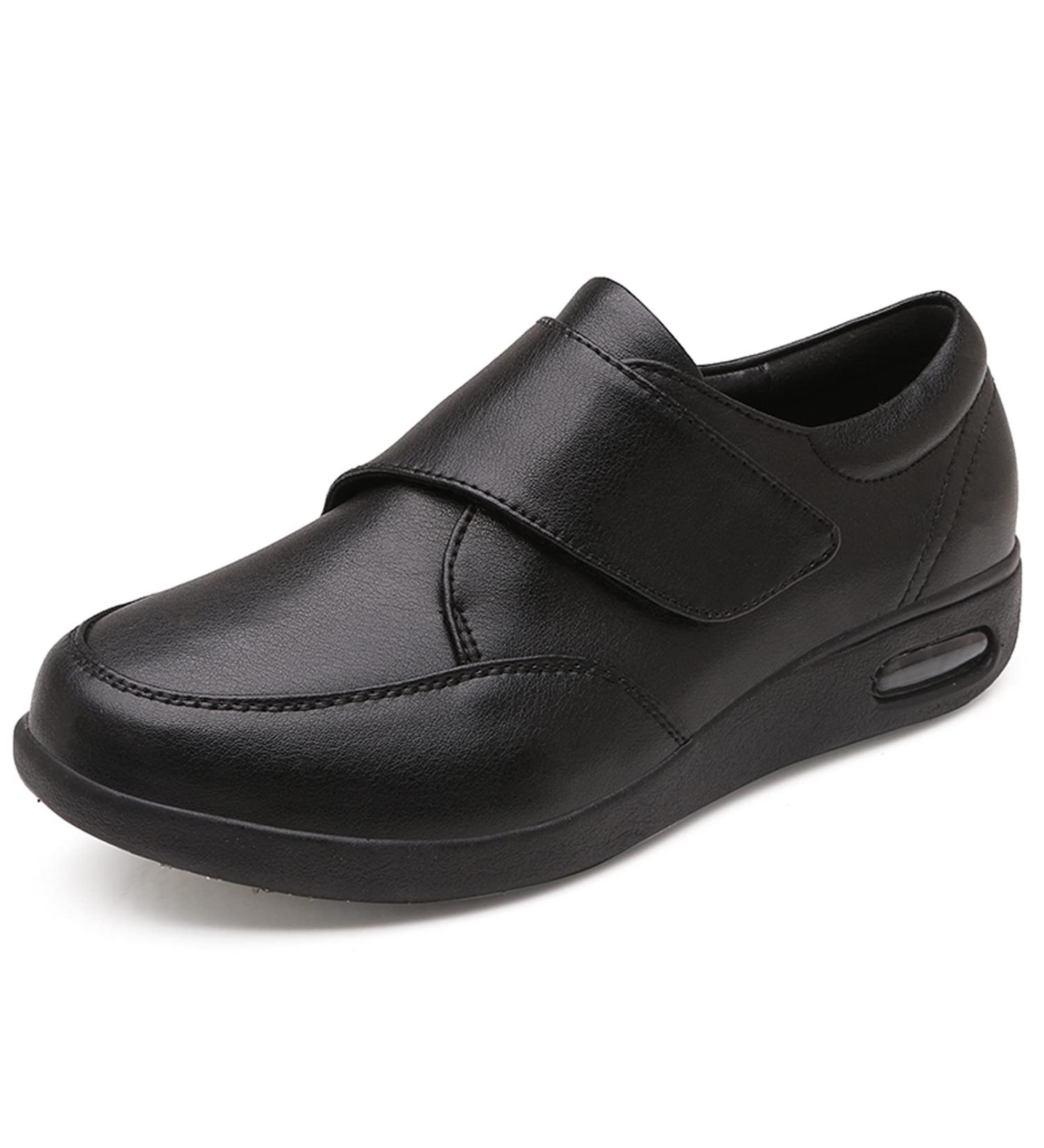 DXDUI Men's Black Leather Diabetic Walking Shoes - Adjustable, Wide Width Comfort Sneakers for Elderly Dad (Size 46) - Buy Online on GoSupps.com