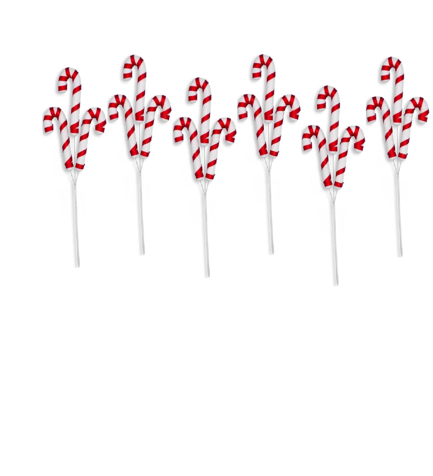Holiday Pride Christmas Candy Cane Picks - 3 Red & White Candy Canes on a Wired Pick - Set of 6 Picks