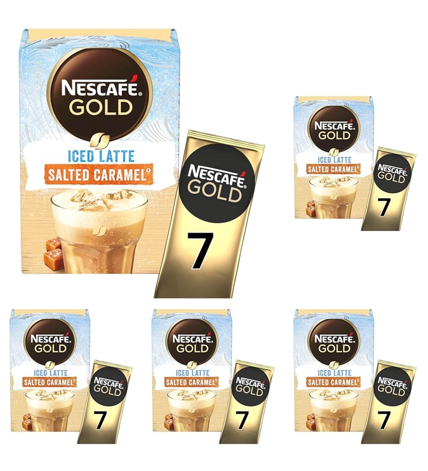 Nescafe Iced Latte Salted Caramel Instant Coffee 7 x 14.5g Sachets 100% Responsibly Sourced Coffee (Pack of 5) - Buy Online on GoSupps.com