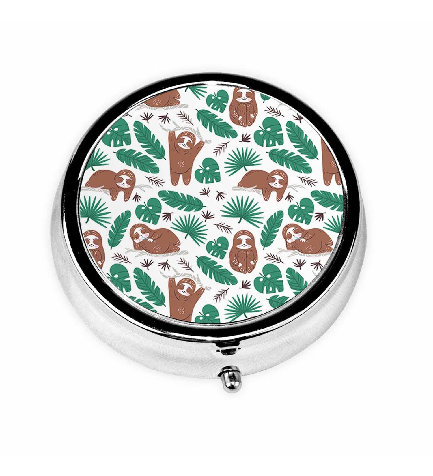 IBILIU Cute Sloth Pill Case - Portable 3 Compartment Metal Organizer with Tropical Palm Leaves | Ideal for Vitamins & Medicine | 2x2 Inch - Buy Online on GoSupps.com