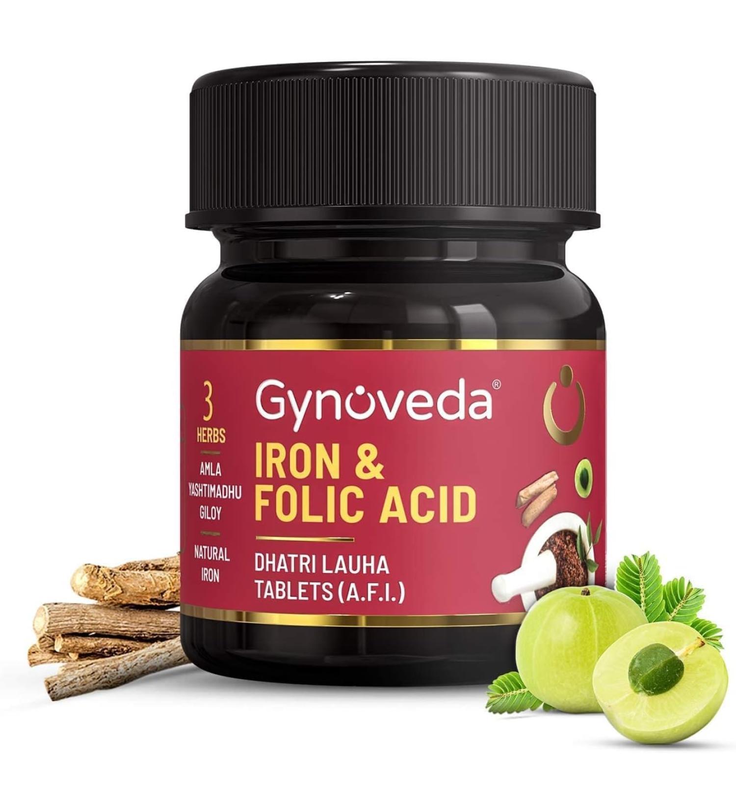 CALENZO Gynoveda Iron Folic Acid Supplement - Ayurvedic Blood Builder for Hemoglobin | Rich in Calcium, B9, B12, Vitamin C | Anemia, Pregnancy Support - 60 Tablets - Buy Online on GoSupps.com