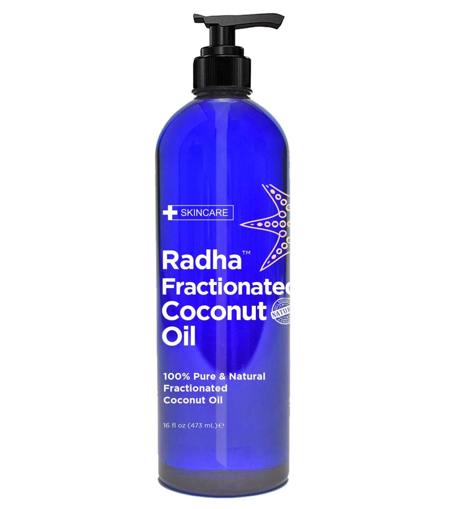 Radha Beauty Fractionated Coconut Oil - 100% Pure Carrier Oil for Aromatherapy, Hair & Skin - 16 fl oz with Pump - Buy Online on GoSupps.com
