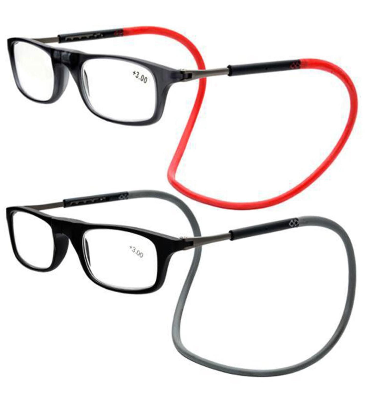 Lanomi Narrow Reading Glasses for Men & Women - Magnetic Closure Light Visual Aid with Elastic Silicone Straps - 2 Pieces Black (Red+Gray Arm) - 2.0x Magnification - Buy Online on GoSupps.com