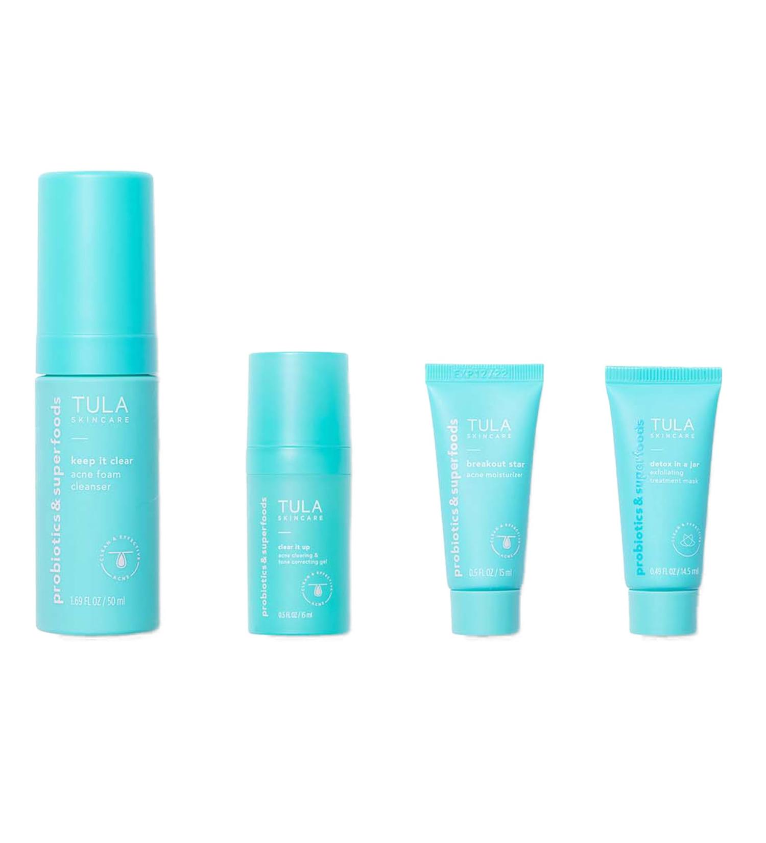 TULA Skin Care Clear Skin Starters Kit | Acne & Blemish Fighting Set - Foam Cleanser Gel Moisturizer Treatment Mask - 4-Piece Travel Bag Included - Buy Online on GoSupps.com