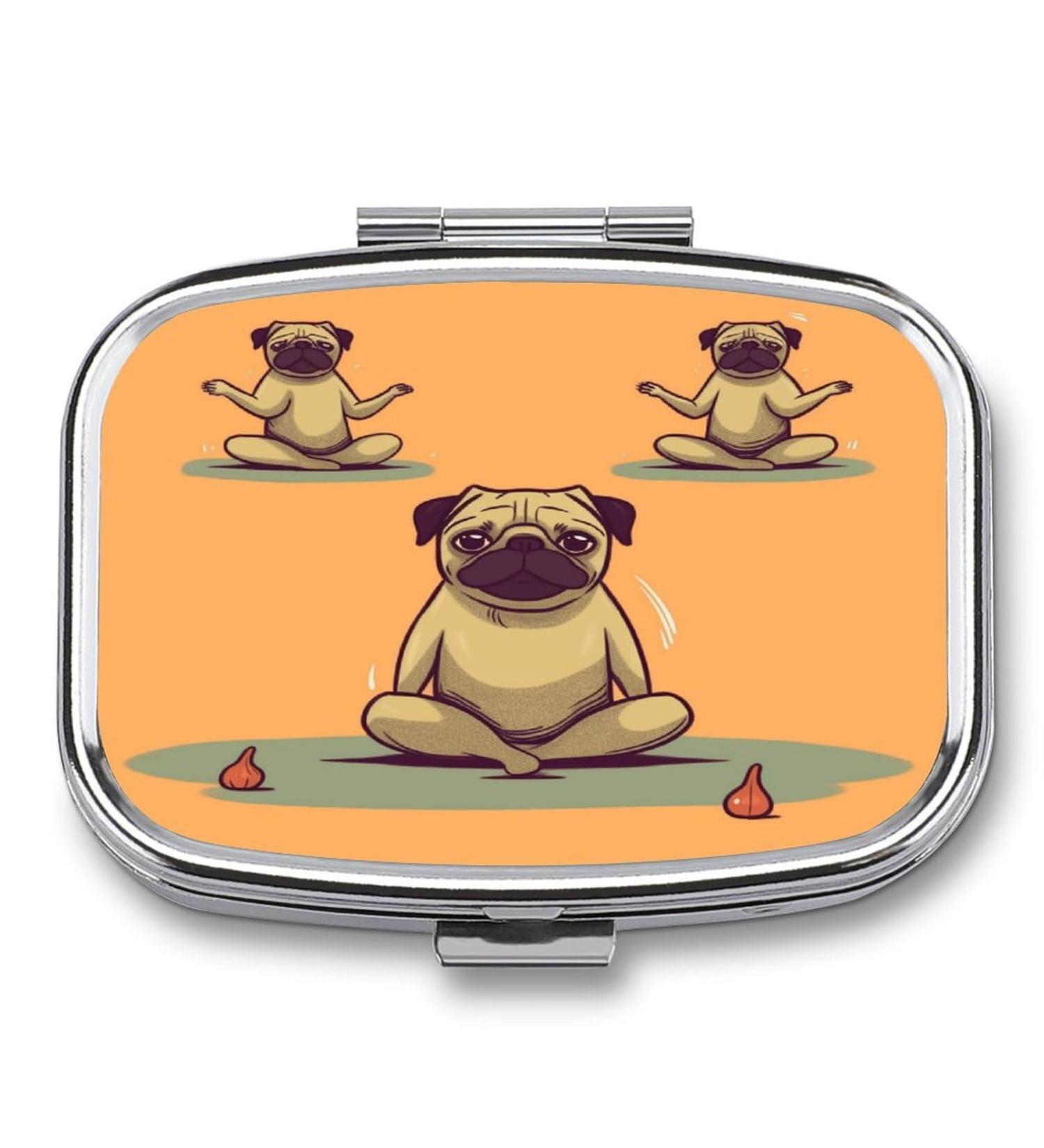 Pill Box Yoga Pug Print - 2 Compartment Portable Pill Organizer | Decorative Metal Medicine Case for Pocket or Purse - Ideal for Travel - Buy Online on GoSupps.com