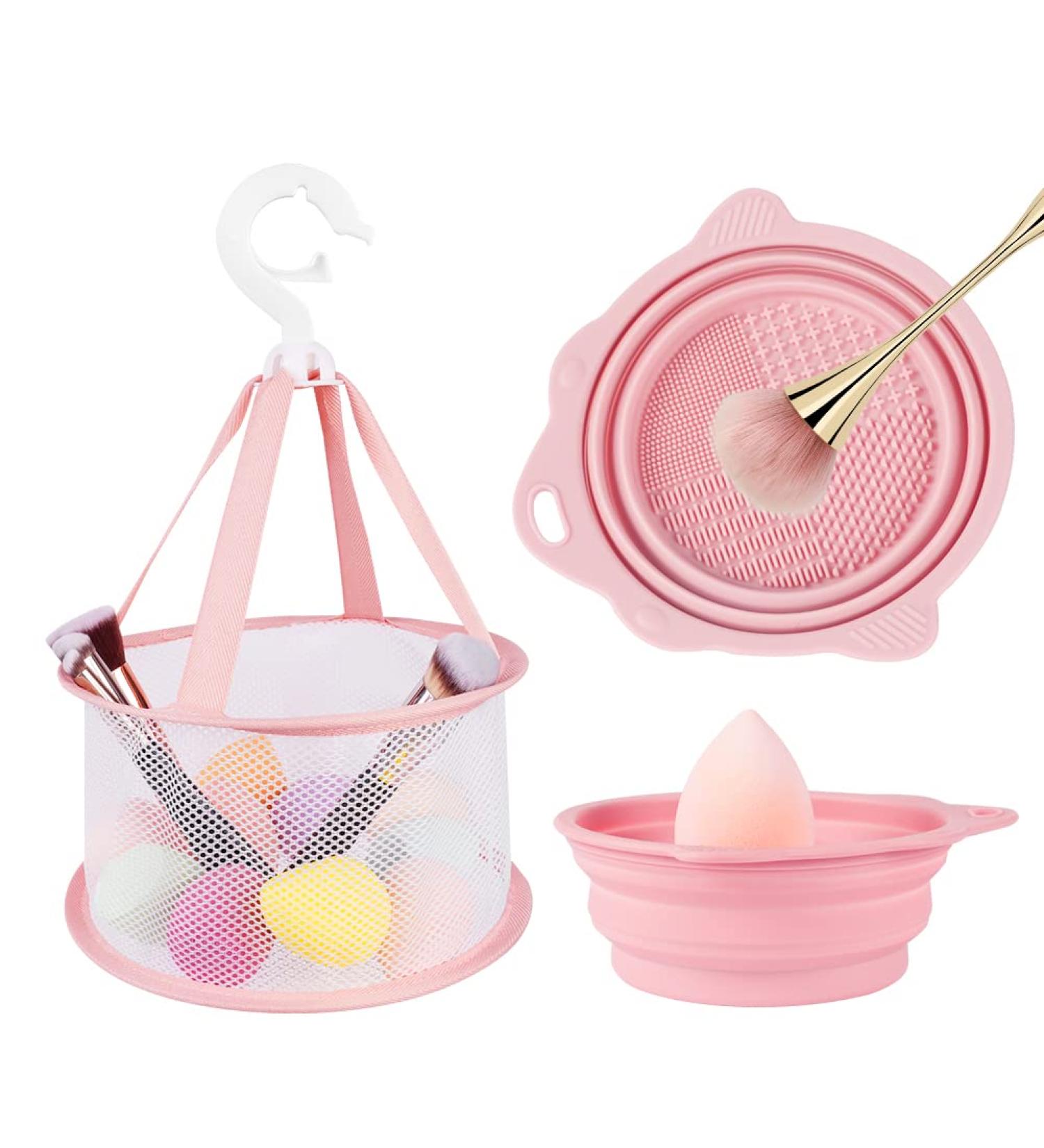 Makeup Brush Cleaning Mat & Hanging Drying Net Set - Pink | Silicone Cleaner Bowl with Mesh Rack | Dry Sponge, Powder Puff & Brushes - Buy Online on GoSupps.com