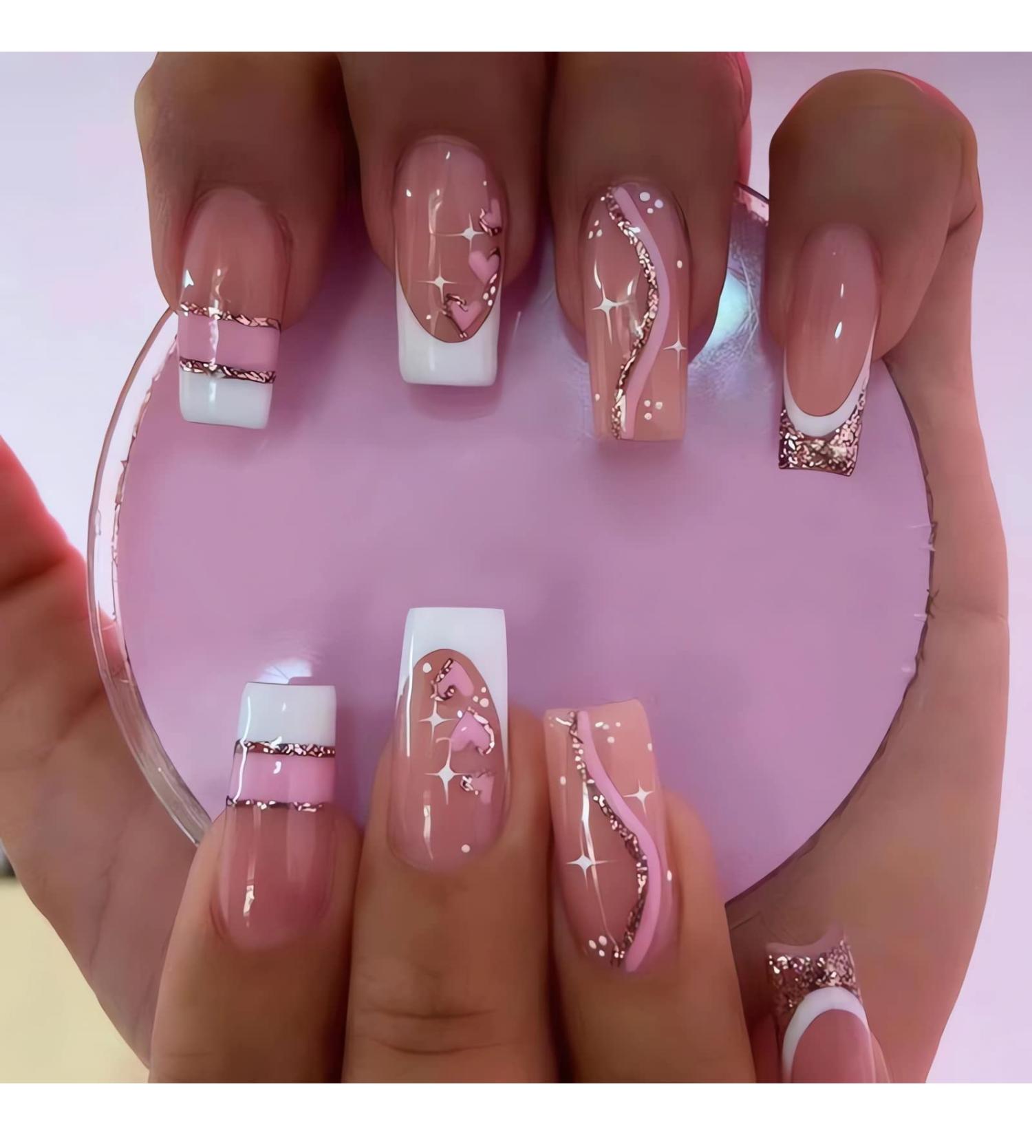 IMSOHOT Coffin Press on Nails - Long Acrylic French Ballerina False Nails | Glossy Full Cover Nude Glitter with Pink Heart Designs - 24PCS - Buy Online on GoSupps.com
