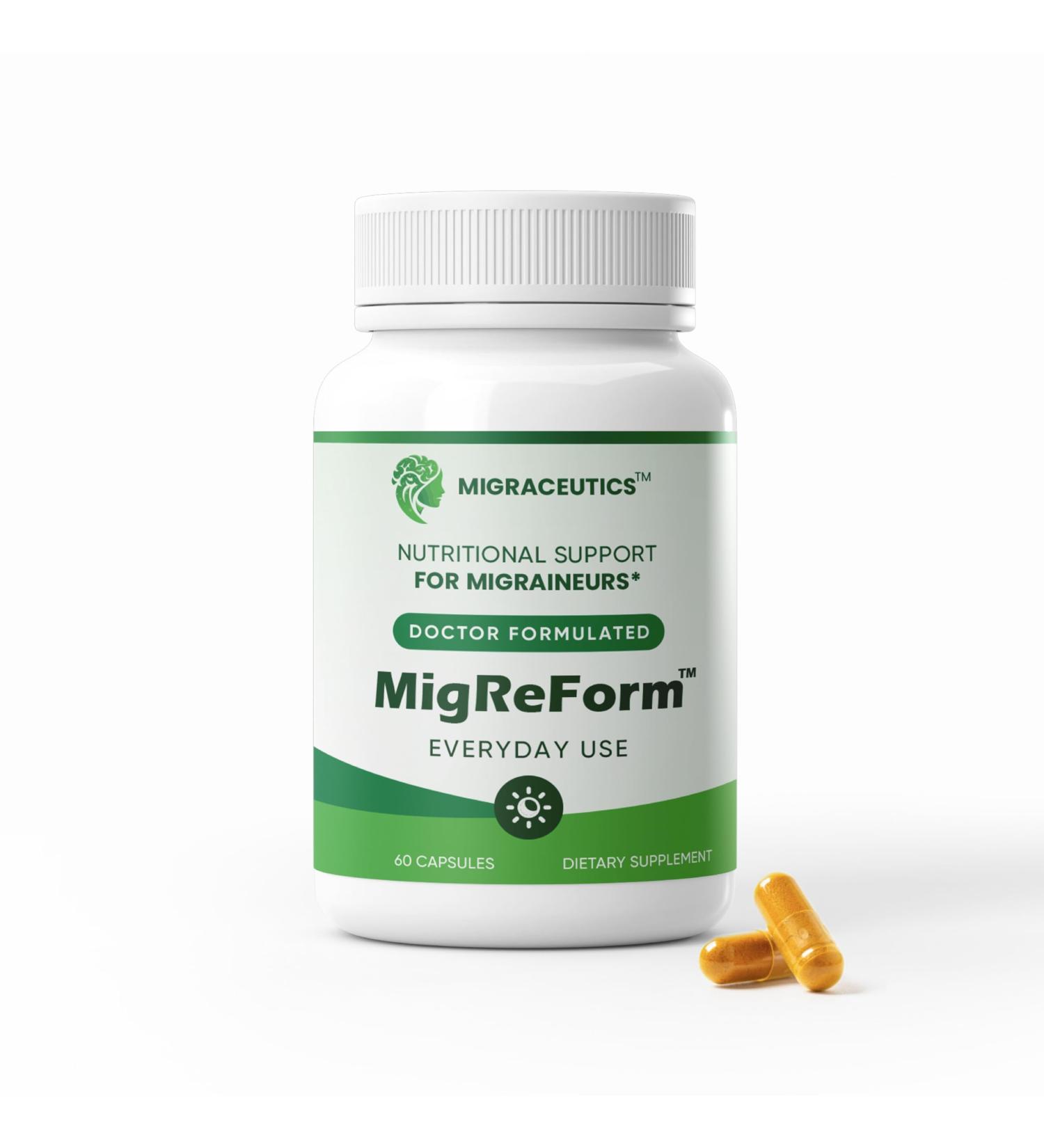 MigReForm Doctor Formulated Nutritional Supplement and Migraine Wellness Support - Natural Migraine Health Formula with Magnesium Vitamin B2 & CoQ10-60 Capsules for Women & Men - Buy Online on GoSupps.com
