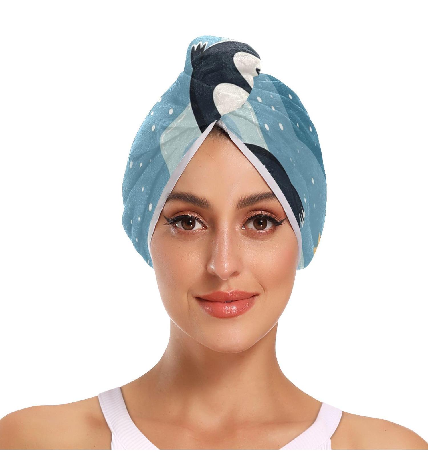 Cute Penguin Stars Hair Towel 2 Pack | Super Absorbent Quick Dry Hair Turbans for Women & Girls - Buy Online on GoSupps.com